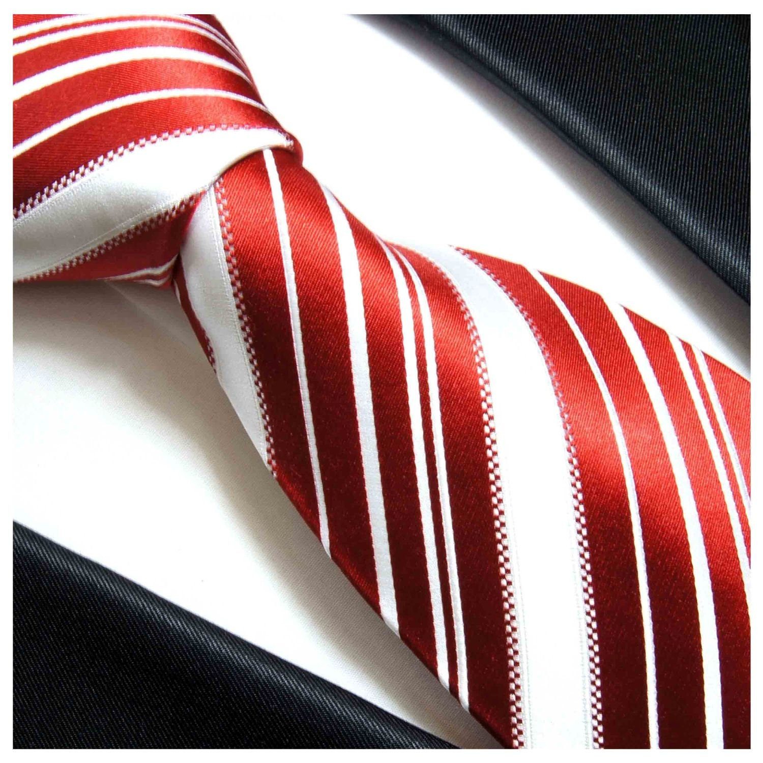 Herren Seide Krawatte und (8cm), Paul Krawatte mit 445 (Set, Einstecktuch) gestreift Seidenkrawatte weiß Tuch Malone 100% modern rot Schlips Breit 2-St.,