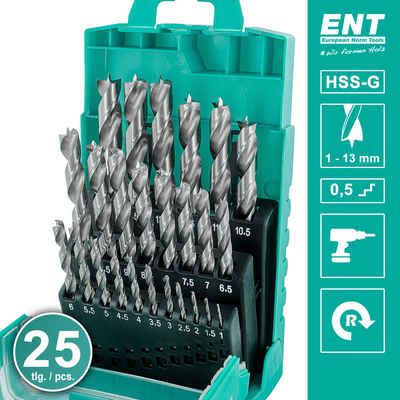 ENT European Norm Tools Spiralbohrer 09225 25-tlg. HSS-G Holzbohrer-Set 1-13 mm, (Holzspiralbohrer-Set), kompatibel mit Akkubohrmaschinen