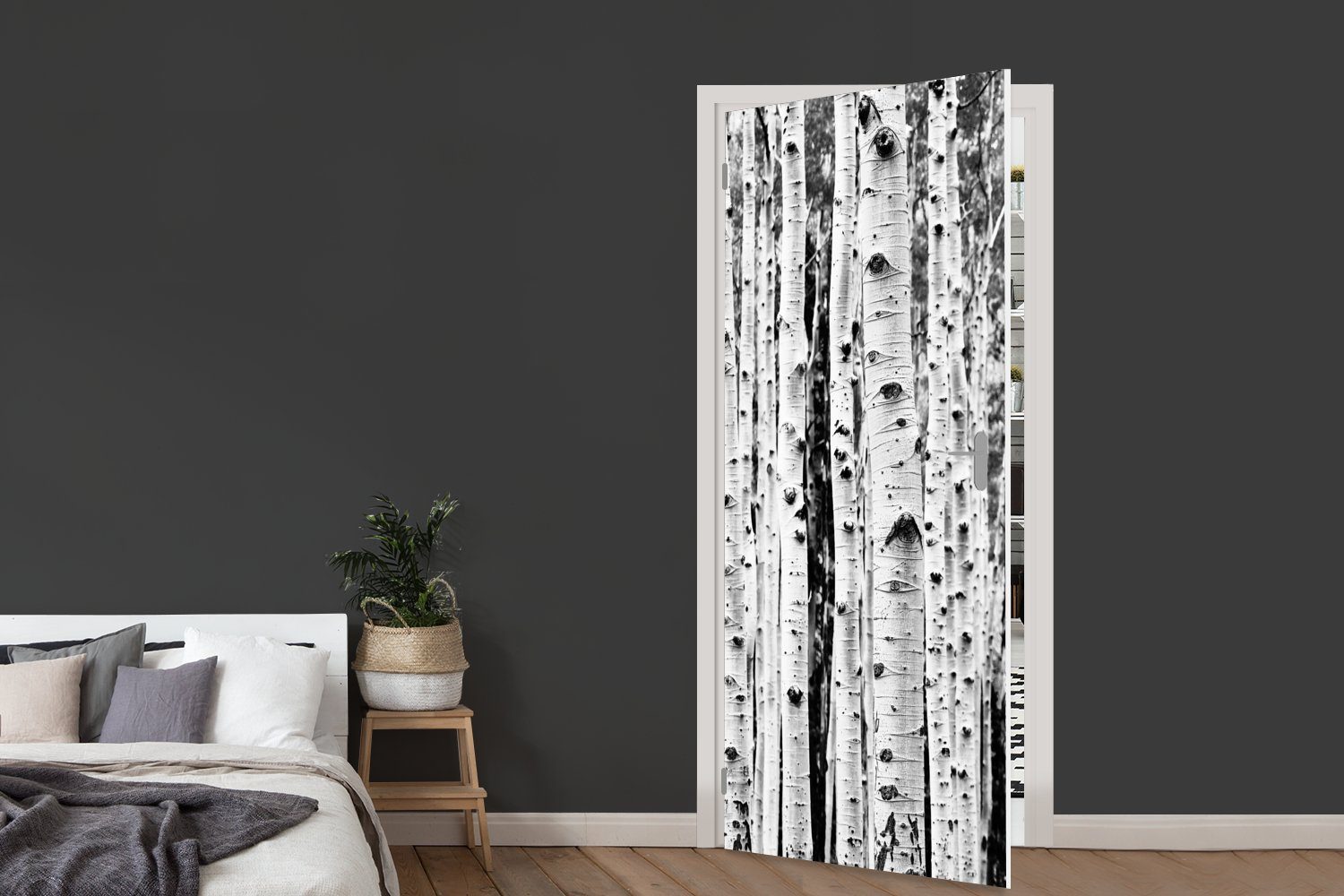 MuchoWow Türtapete - und Tür, Holz (1 75x205 Schwarz bedruckt, weiß für Türaufkleber, - Natur, cm Bäume St), Matt, - Fototapete