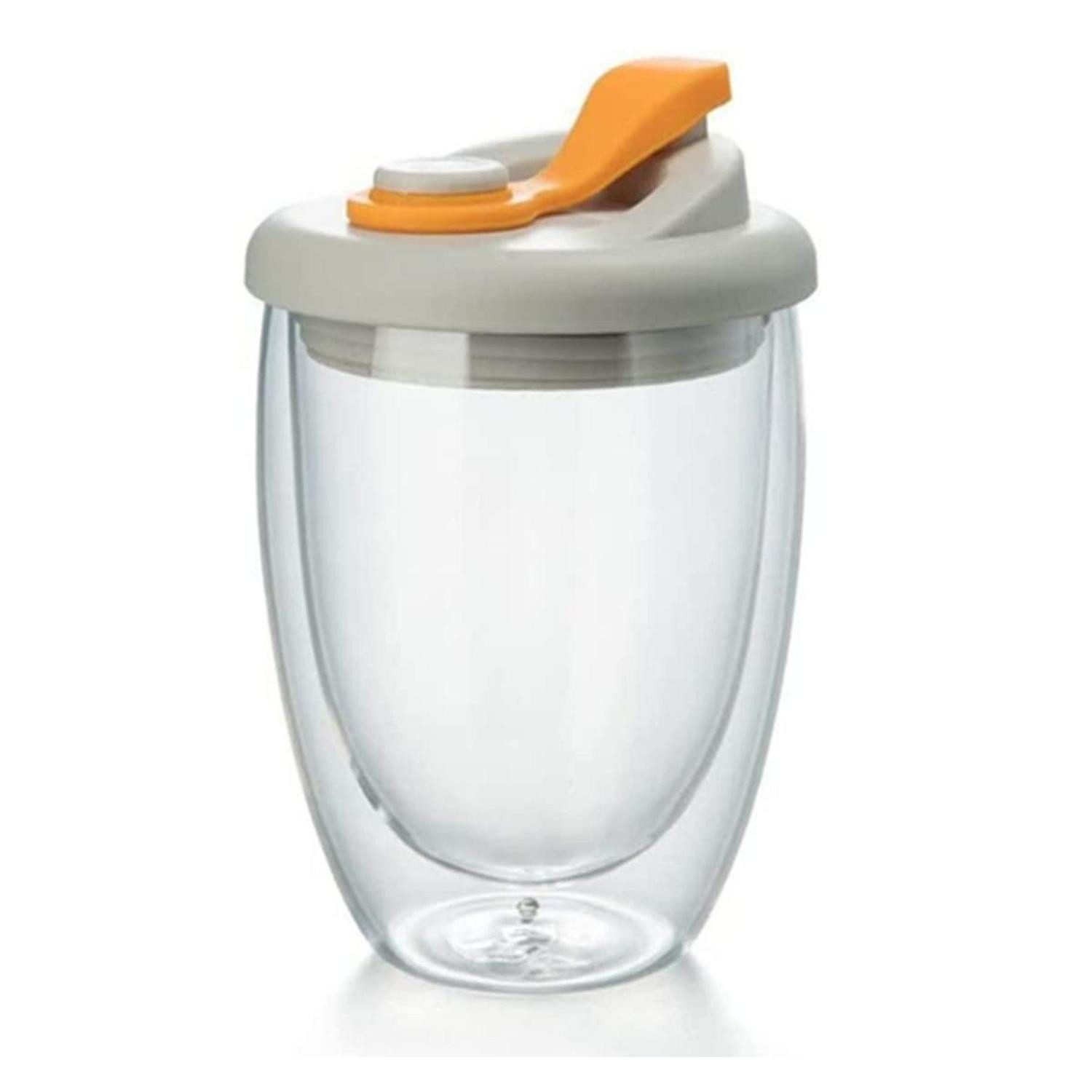 LuxusKollektion Coffee-to-go-Becher Kaffeetasse Doppelglas 350ml Orange Zickzack, Glas