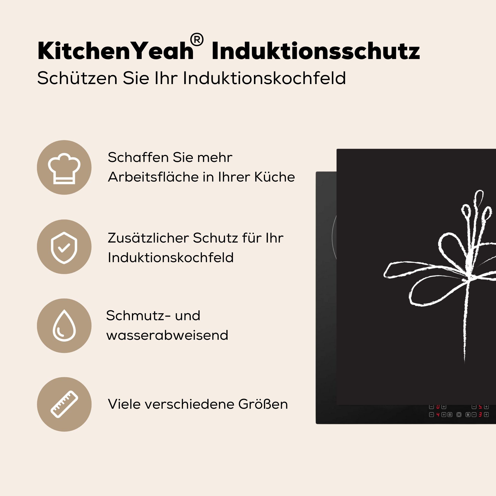 Blume Strichzeichnung Arbeitsplatte (1 78x78 MuchoWow küche für Herdblende-/Abdeckplatte cm, Vinyl, Schwarz - tlg), - Ceranfeldabdeckung, - Weiß,