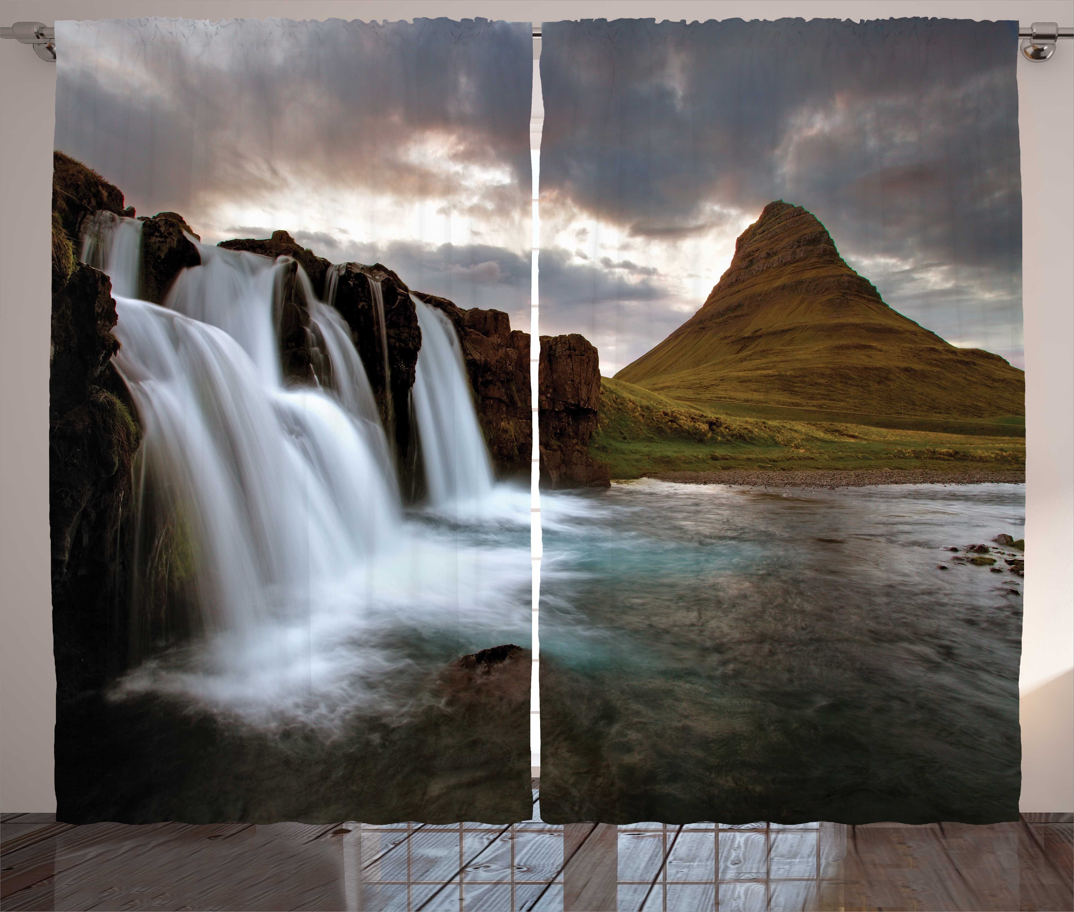 Gardine Schlafzimmer Kräuselband Vorhang mit Schlaufen und Haken, Abakuhaus, Island Bewölkt Wasserfall Vulkan