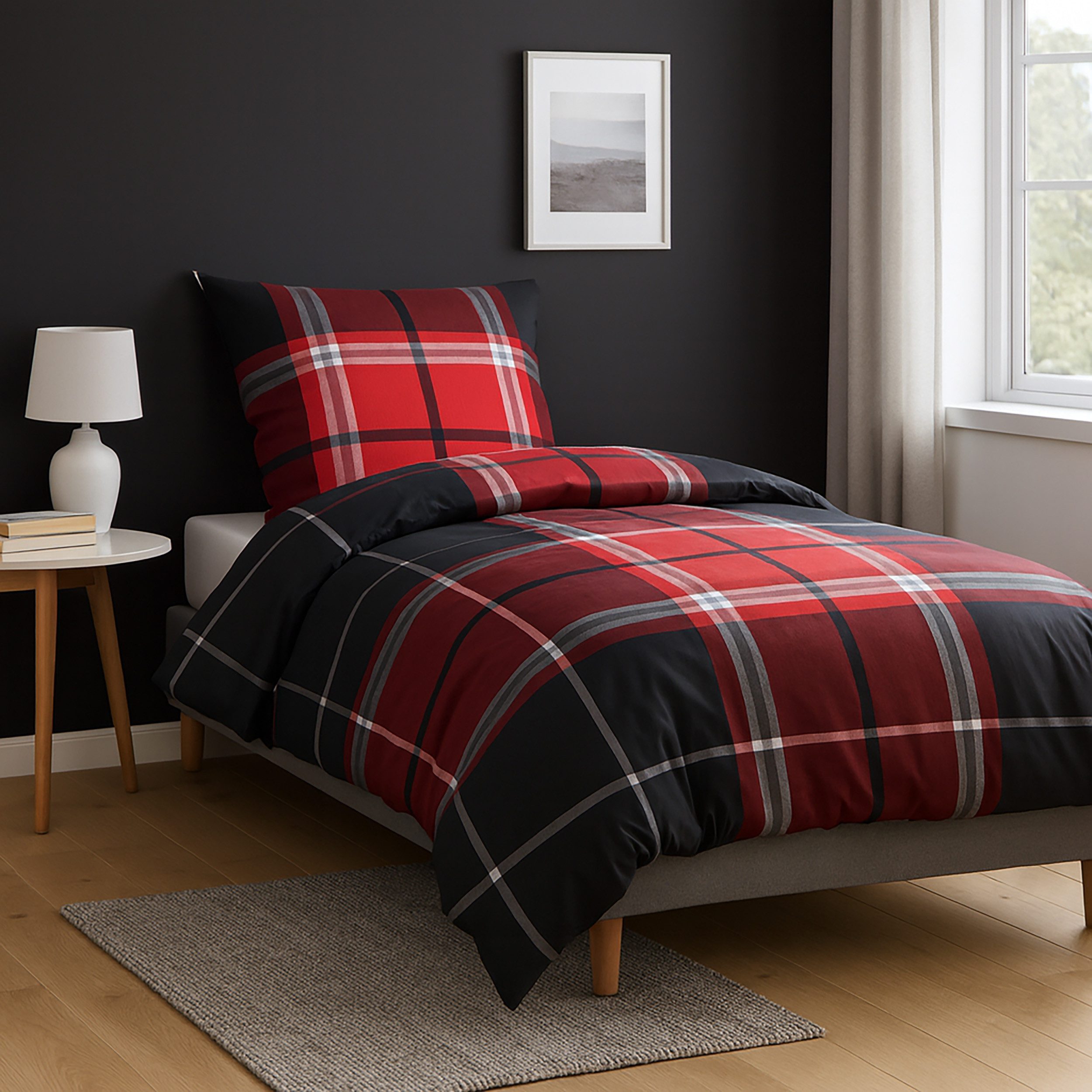 Casa Colori Bettwäsche Biber Bettwäsche 135x200 Anthrazit Grau Rot kariert, günstig online kaufen