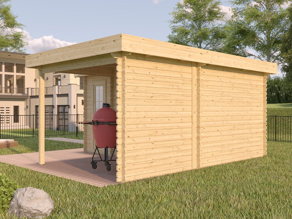 Woodtex Gartenhaus WOODTEX Gartenhaus mit Anbau 596×298 cm 28 mm, BxT: 596x298 cm, Blockbohlenhaus mit Fußboden, robustes Gerätehaus für den Garten