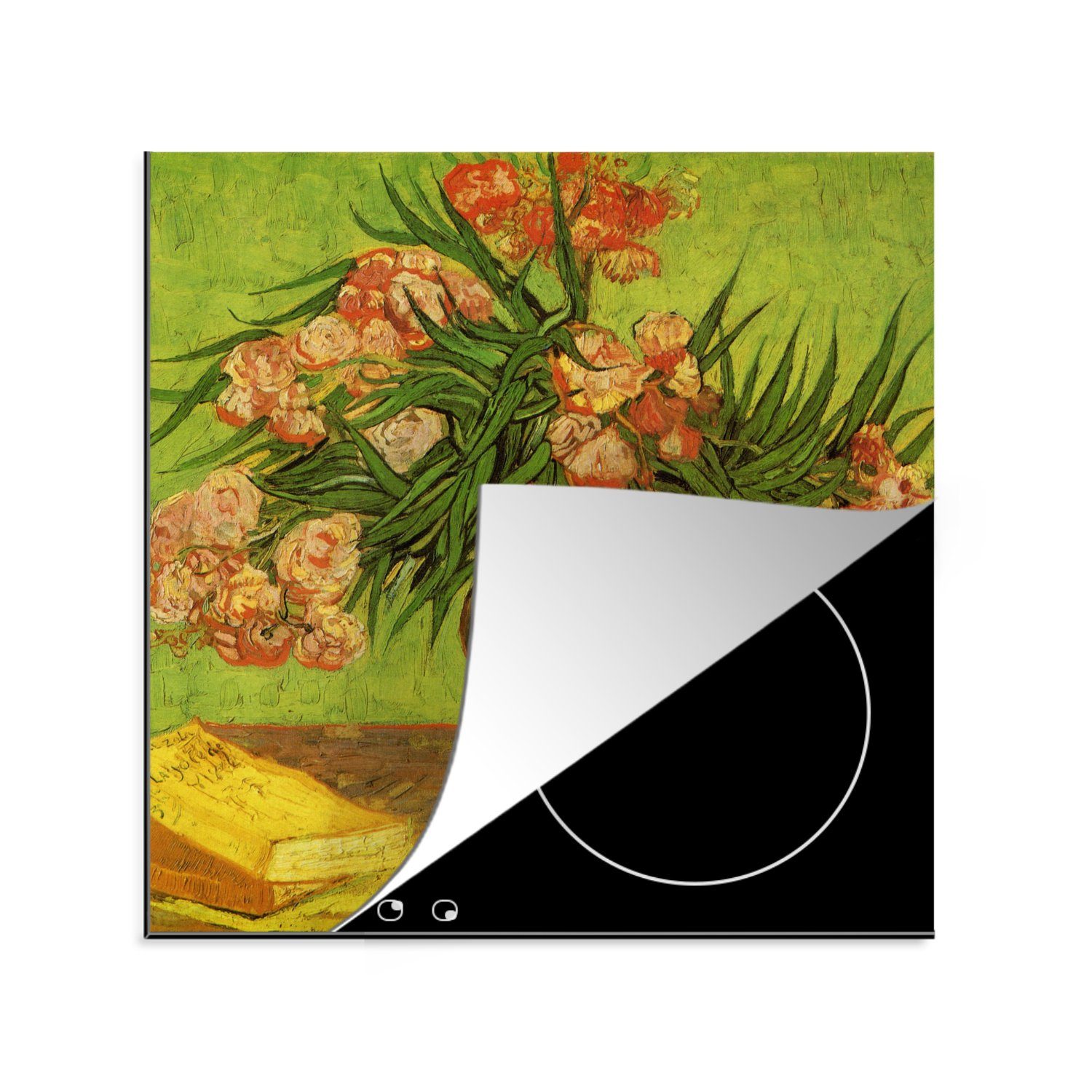 MuchoWow Herdblende-/Abdeckplatte Stillleben Vase mit Oleander und Büchern - Gemälde von Vincent van, Vinyl, (1 tlg), 78x78 cm, Ceranfeldabdeckung, Arbeitsplatte für küche