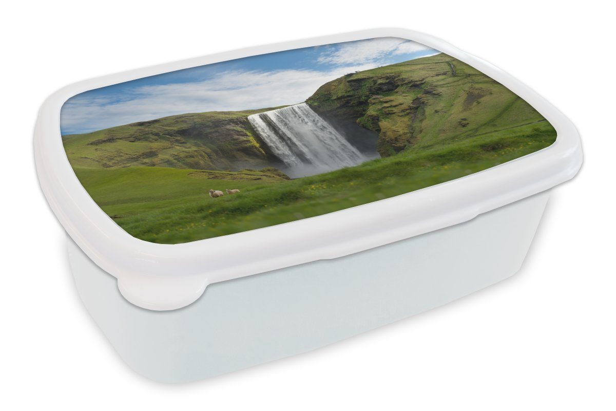 MuchoWow Lunchbox Wasserfall - Island - Natur, Kunststoff, (2-tlg), Brotbox für Kinder und Erwachsene, Brotdose, für Jungs und Mädchen weiß