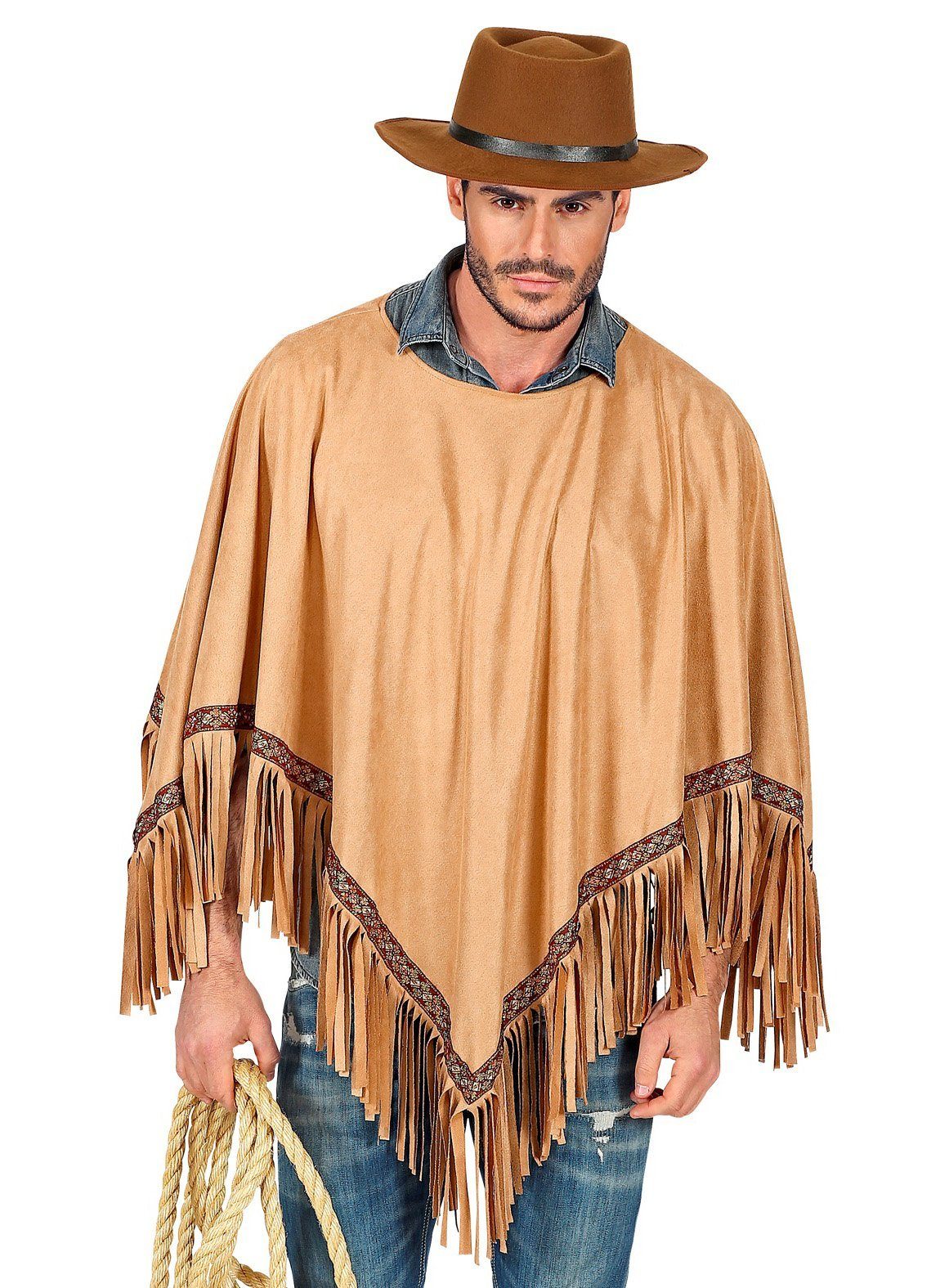 Fun World Hippie-Kostüm Hippie Poncho braun - Fasching Karnevalskostüme, Leichter Überwurf mit Fransen zur Kombination als Hippie
