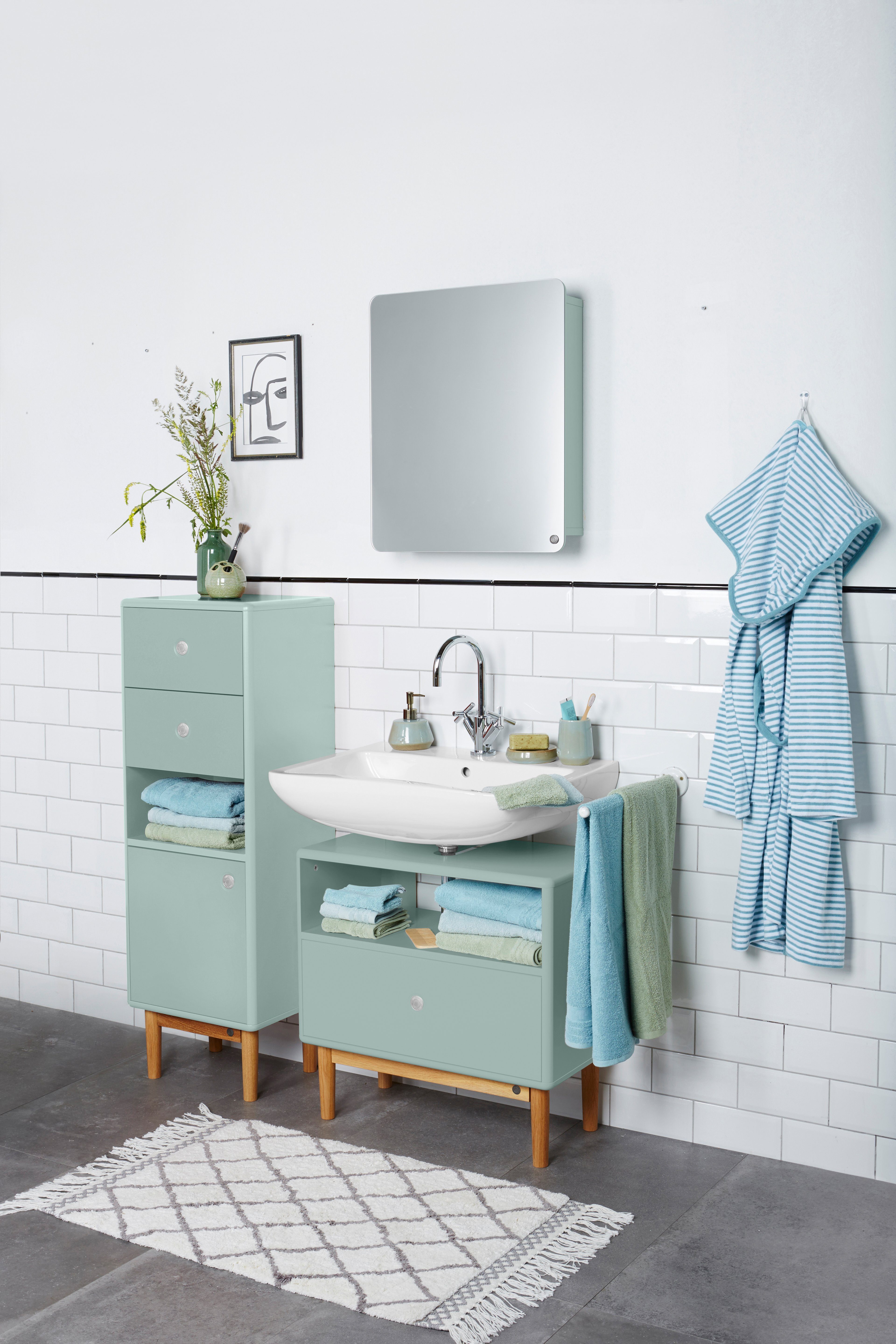 in Badspiegel TAILOR Ecken, Farben, lackiert mit MDF Mirror mit sage_076 Stauraum, Tür - Tür gerundeten HOME seidenmatt - TOM aus mit COLOR BATH vielen Small