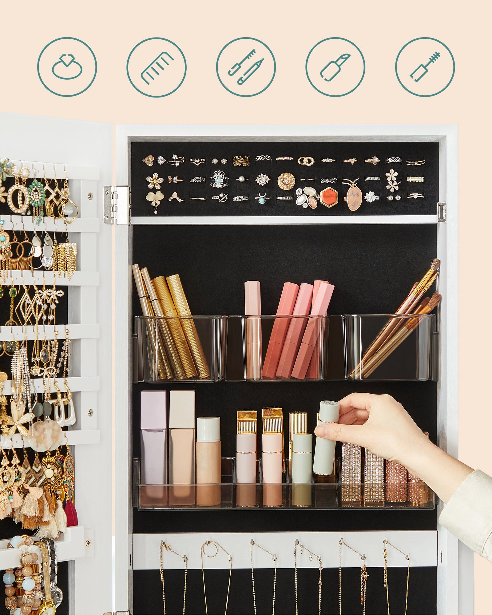 SONGMICS Schmuckschrank Spiegelschrank stehend, für, Ohrringe, Schminke, 41,2 x 36,5 x 152 cm mit 2 separaten Make-up-Organizern, rahmenloser, abschließbar, wei – Bild 5 von 5