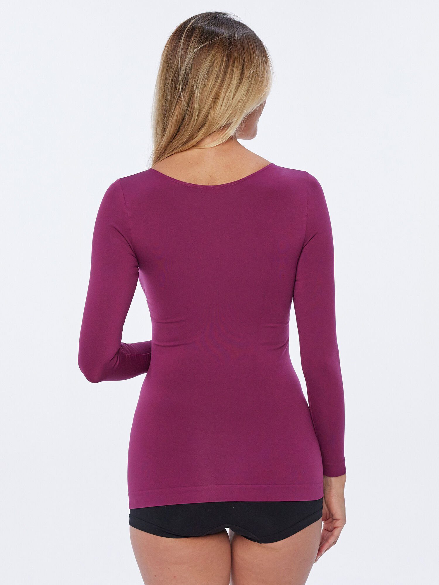Pure Shape Dekolleté violett am Raffung Langarmshirt mit Shapinghemd modischer elastisch