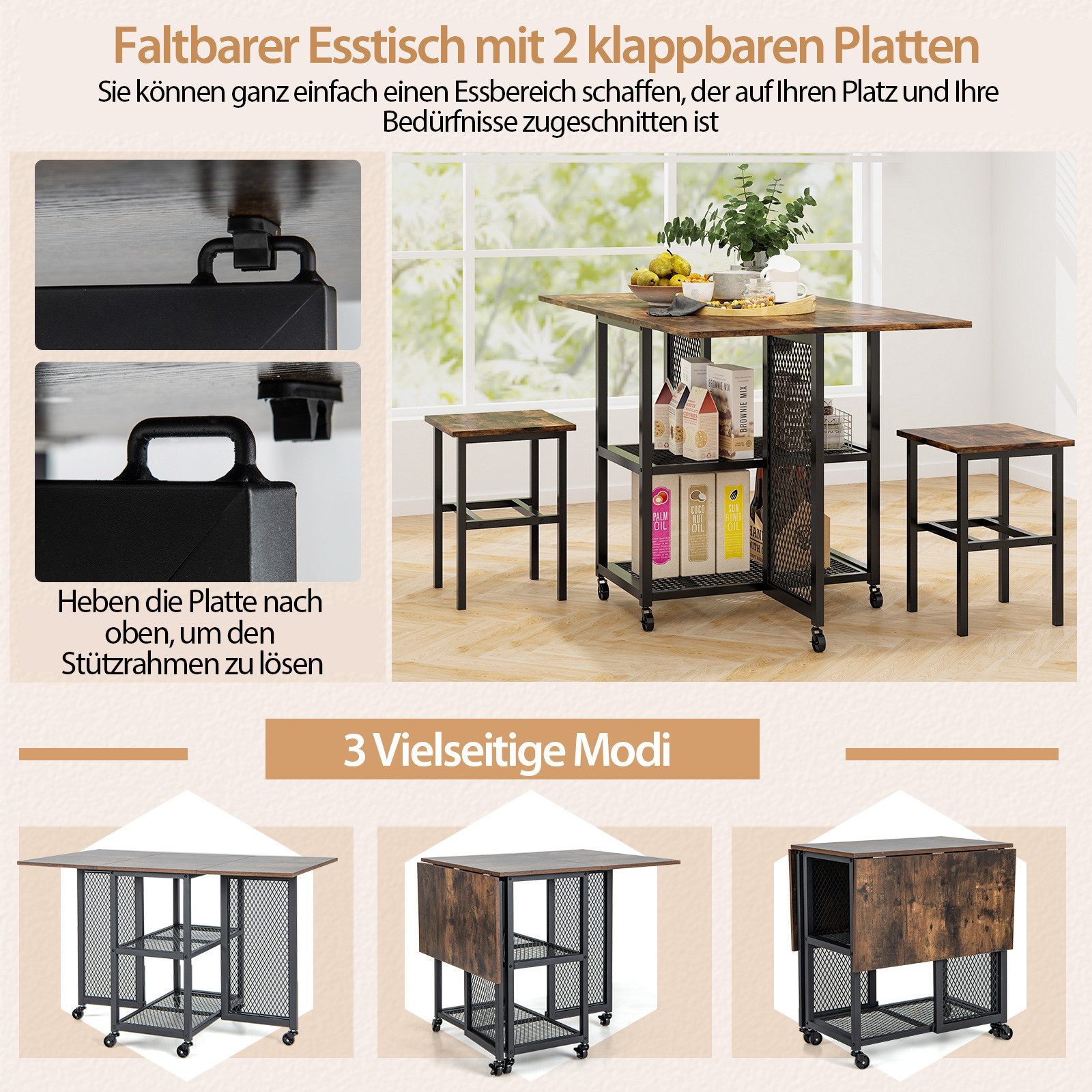 COSTWAY Essgruppe, Set für 2 Personen klappbar, Bartisch mit Rollen & Hockern