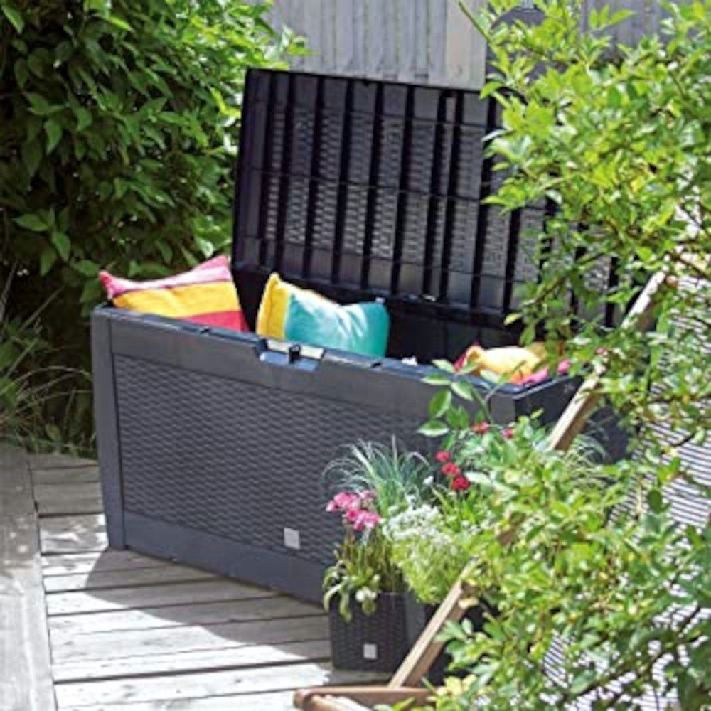 PROREGAL® Gartenbox CAP’N COOK klappbare Gartenbox (LxBxH 119 x 48 x 60 cm, 310 Liter Stauraum, Kissenbox mit Deckel, Haltegriffe und Rollen, Flechtoptik, Auflagenbox, Braun/Anthrazit)