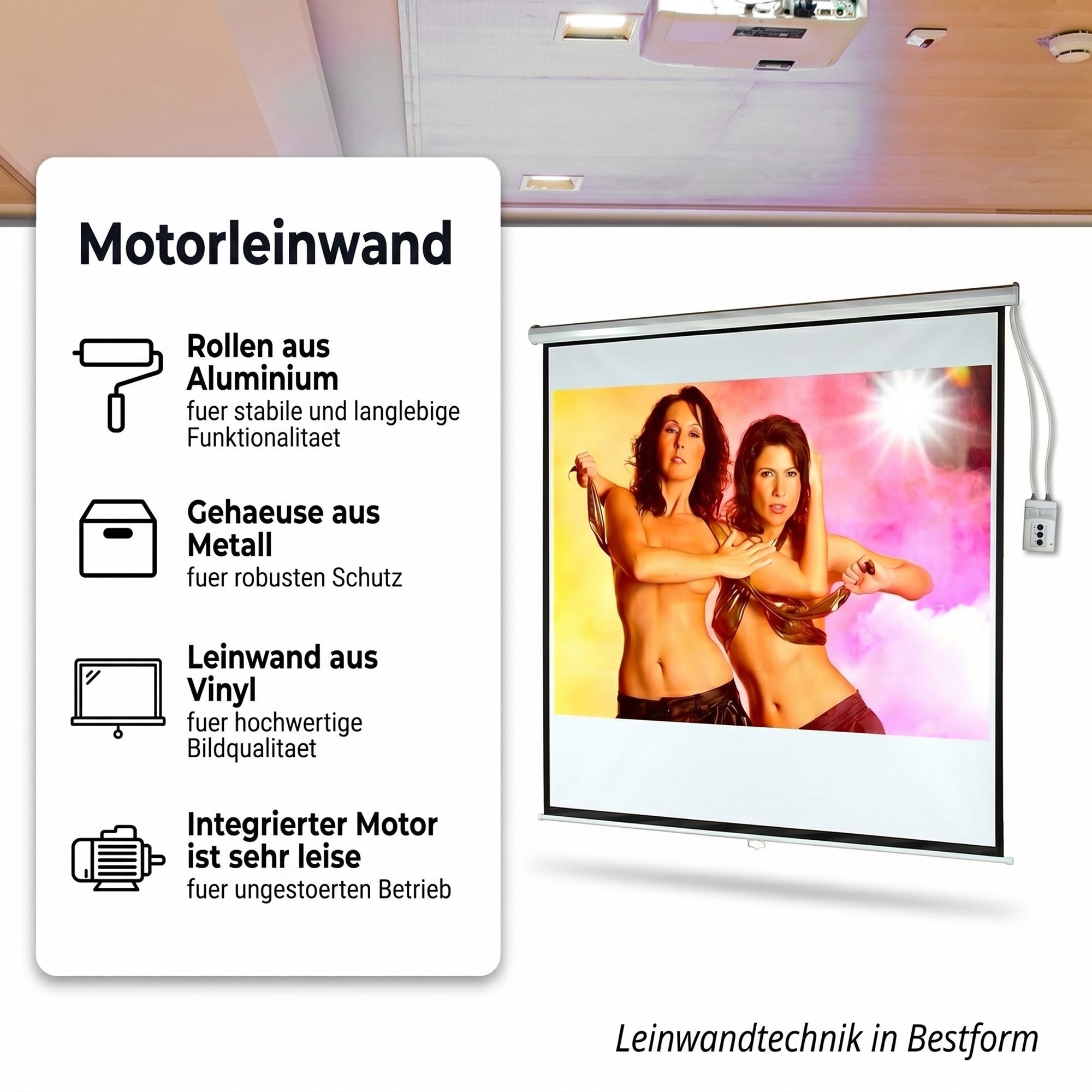 Mucola 203x203cm MOTOR LEINWAND BEAMER FFB HEIMKINO BEAMERLEINWAND 120 Motorleinwand (Schweres 3-Schicht Gewebetuch ca.500 g/m)