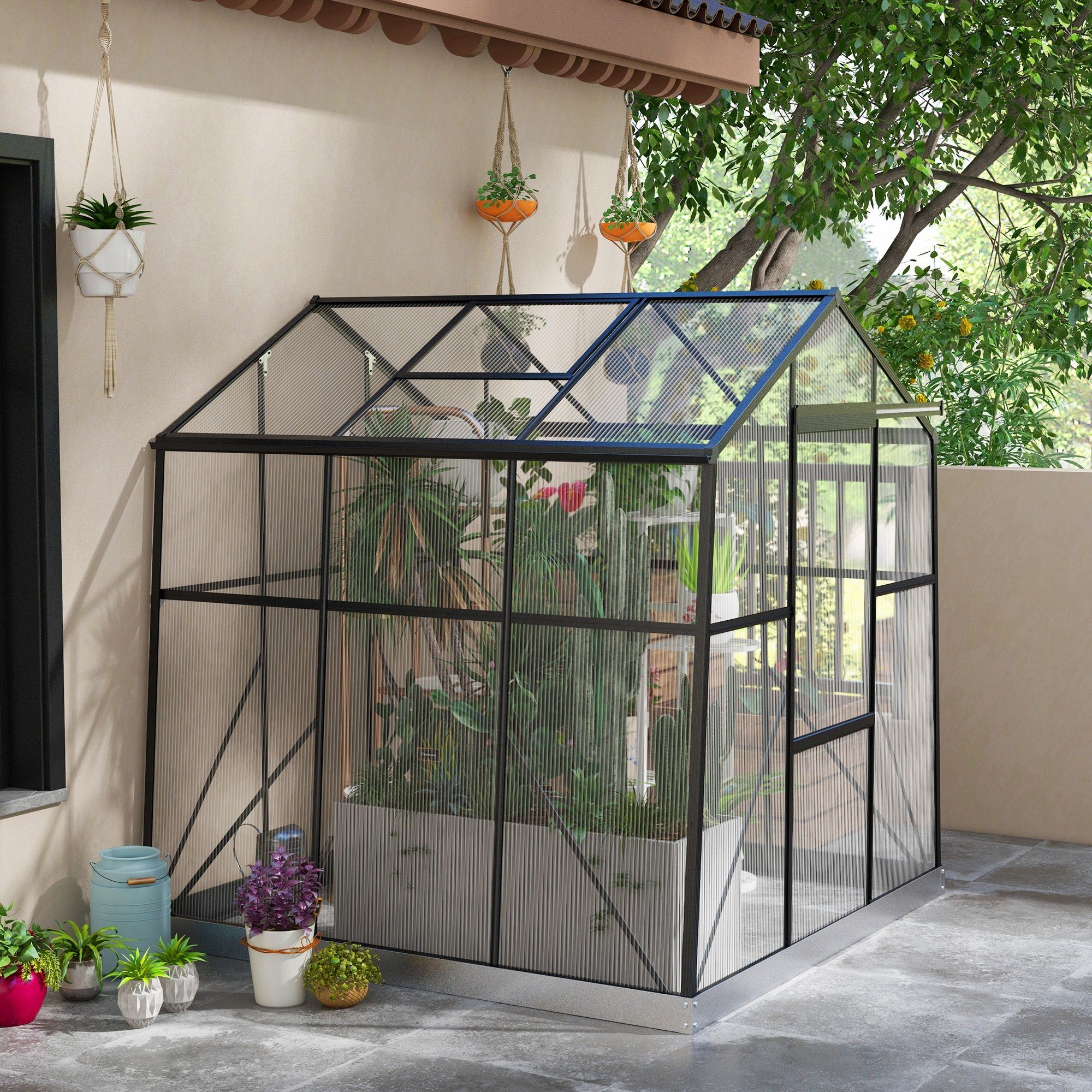 Outsunny Gewächshaus Aluminium 3,68 m² Treibhaus mit Fenster, Schiebetür, Fundament, BxTxH: 192 x 192 x 204 cm, BxLxH: 192 x 192 x 204 cm, 4 mm Wandstärke, Aufzucht Pflanzenhaus 4-St., Tomatenhaus, für Garten, Balkon, Schwarz