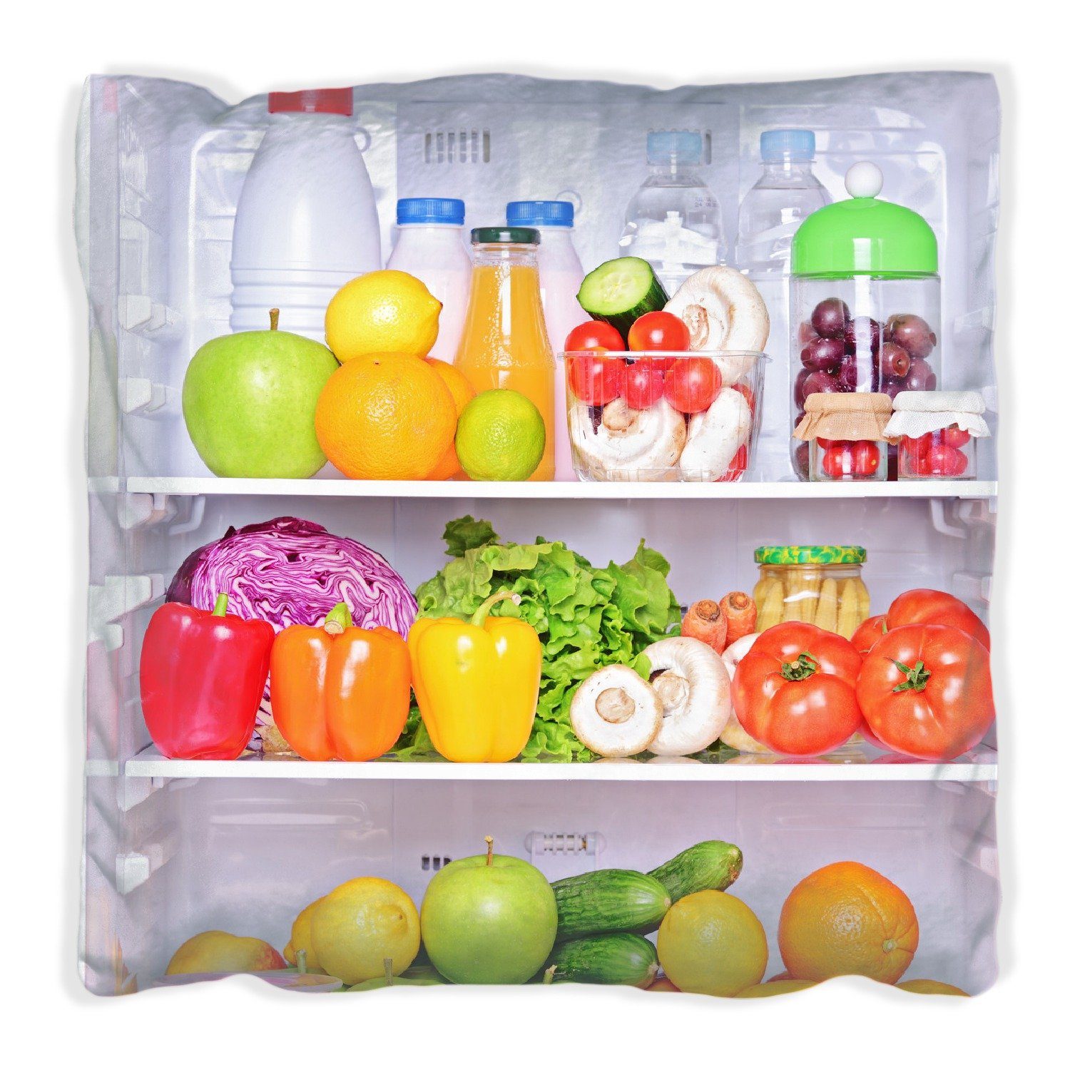 Wallario Dekokissen Offener gefüllter Kühlschrank, handgenäht