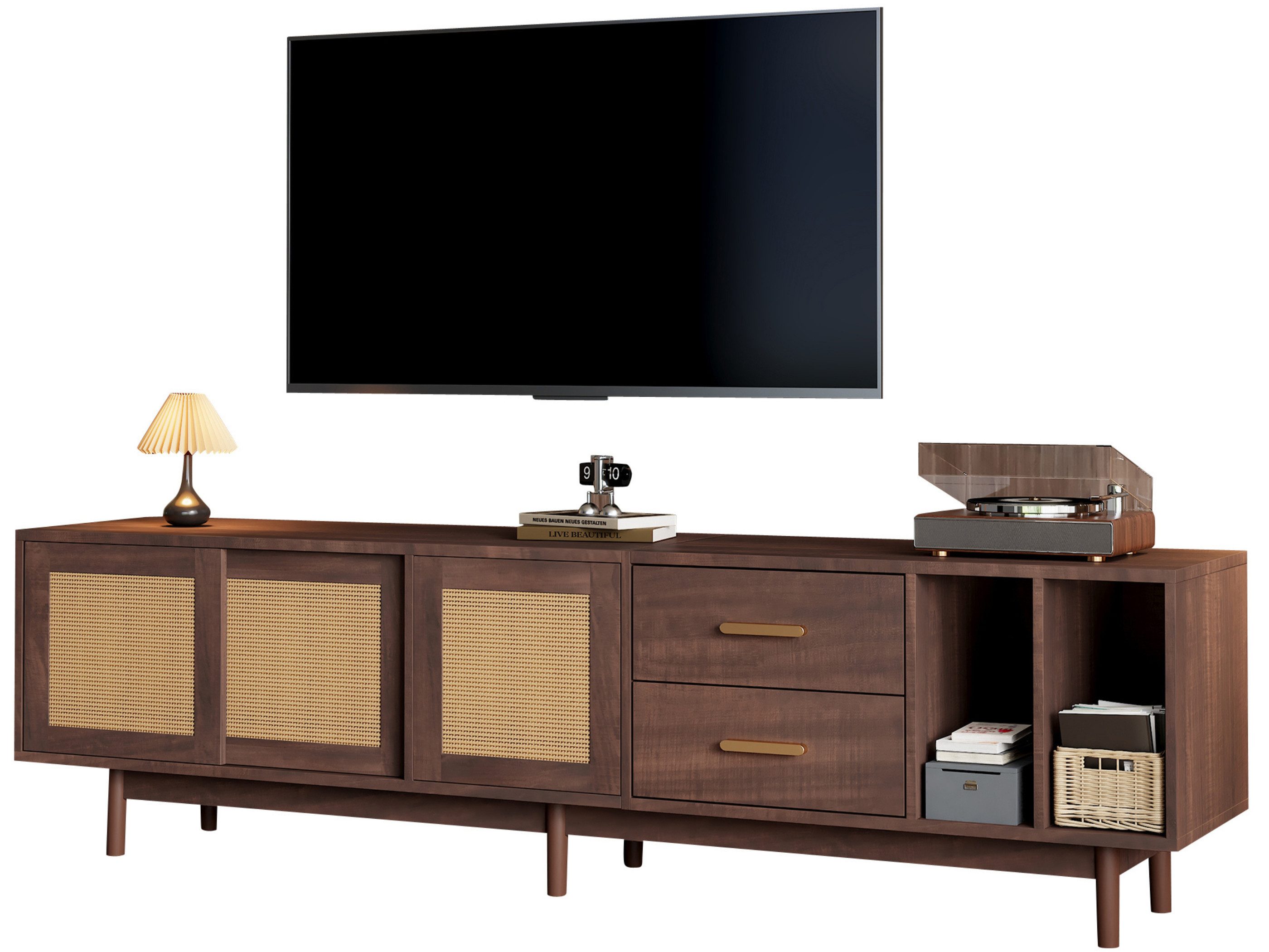 SeedWave Lowboard Retro TV-Schrank mit 3 Deko-Rattantüren, Schubladen, offenen Fächern, Rechteckiger Fernsehtisch mit 2 rückseitigen Kabeldurchführungen