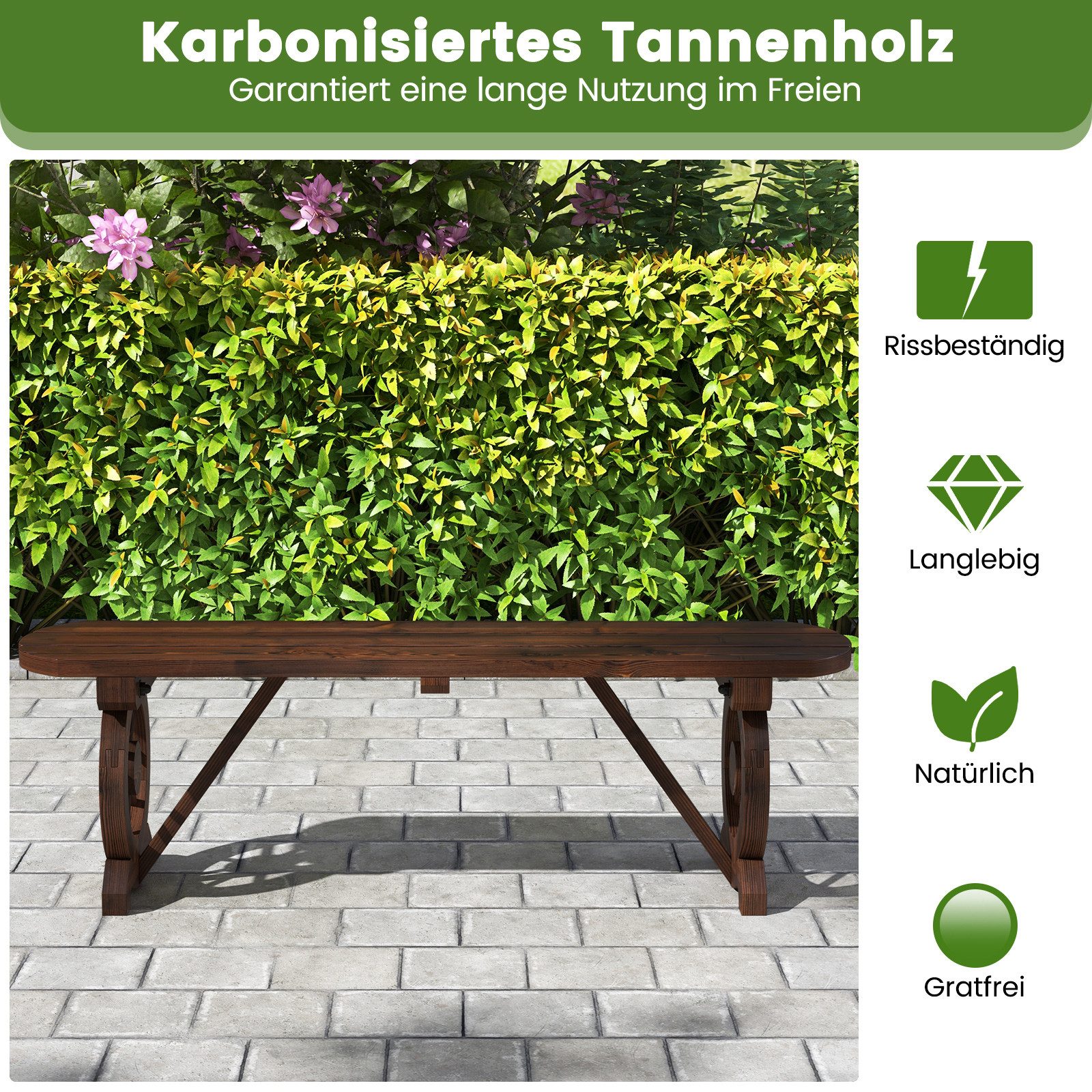 COSTWAY Gartenbank, Holzbank für 2-3 Sitzer, ohne Rückenlehne
