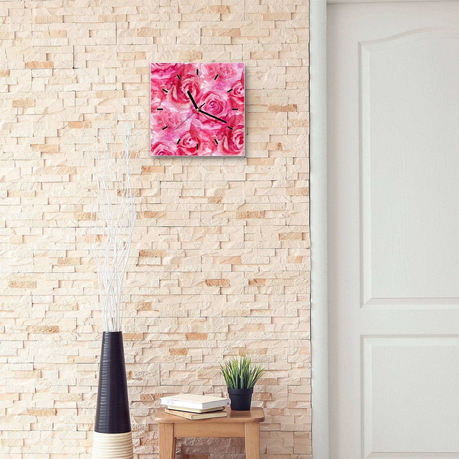 Wanduhr 30 Primedeco Wandkunst mit Wanduhr 30 Glasuhr Rosenblüten Motiv cm x Pinke Größe