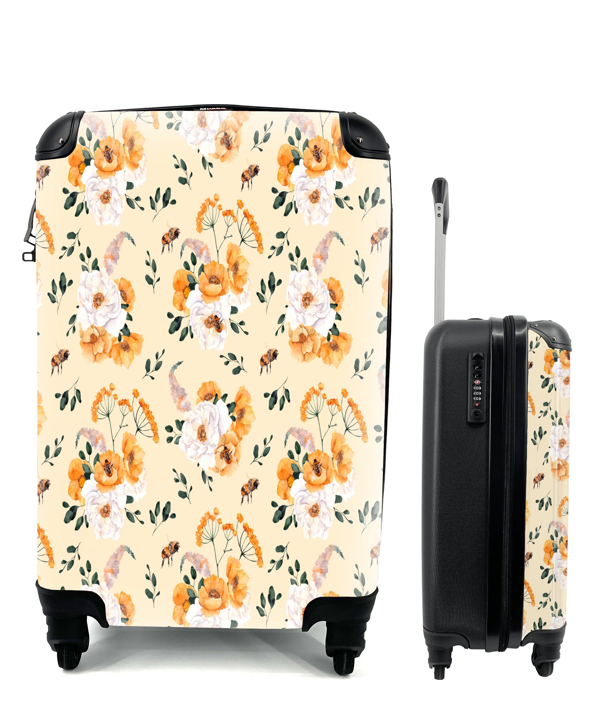MuchoWow Handgepäckkoffer Blumen - Pastell - Orange, 4 Rollen, Reisetasche mit rollen, Handgepäck für Ferien, Trolley, Reisekoffer