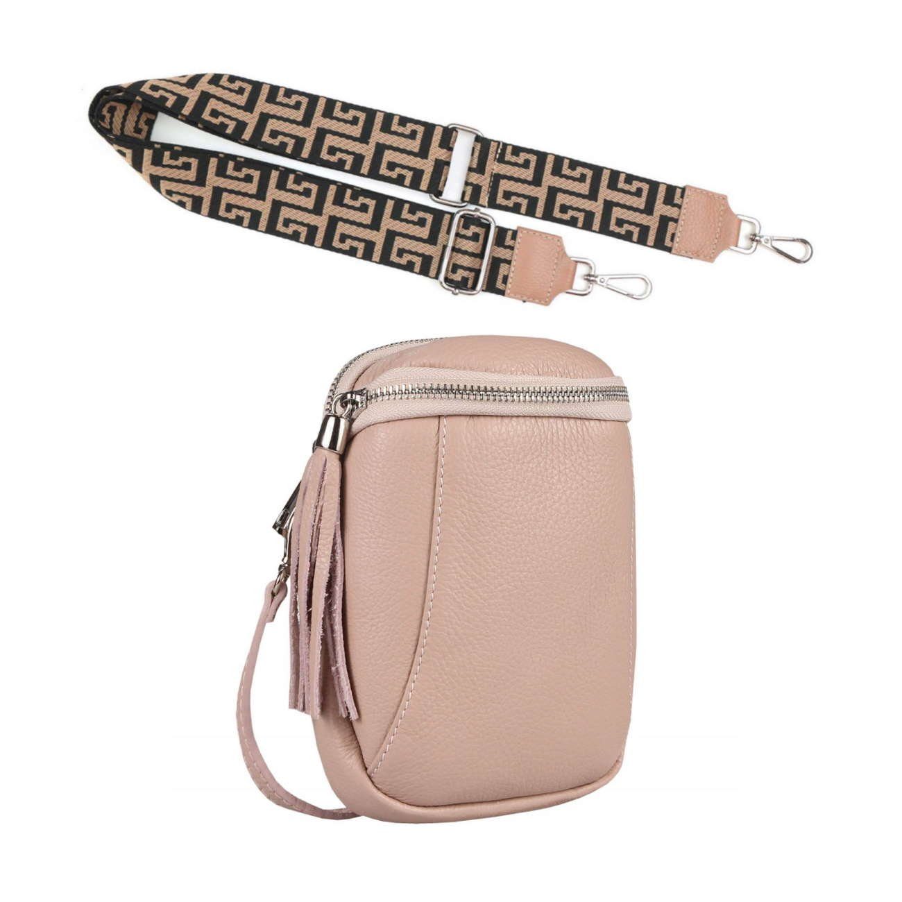 ITALYSHOP24 Schultertasche Made in Italy Damen echt Leder Tasche Bodybag Brusttasche Handytasche (Spar-Set aus einer Tasche mit einem Ledergurt und einem breiten verstellbaren Taschengurt / Stoffgurt), 1 Tasche & 2 Gurte, Umhängetasche mit 2 Schulterriemen, crossbody bag