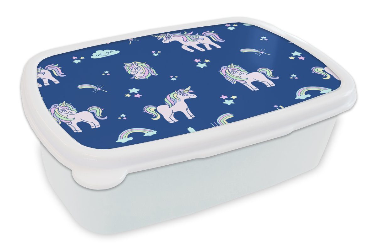 MuchoWow Lunchbox Einhorn - Sterne - Muster, Kunststoff, (2-tlg), Brotbox für Kinder und Erwachsene, Brotdose, für Jungs und Mädchen weiß