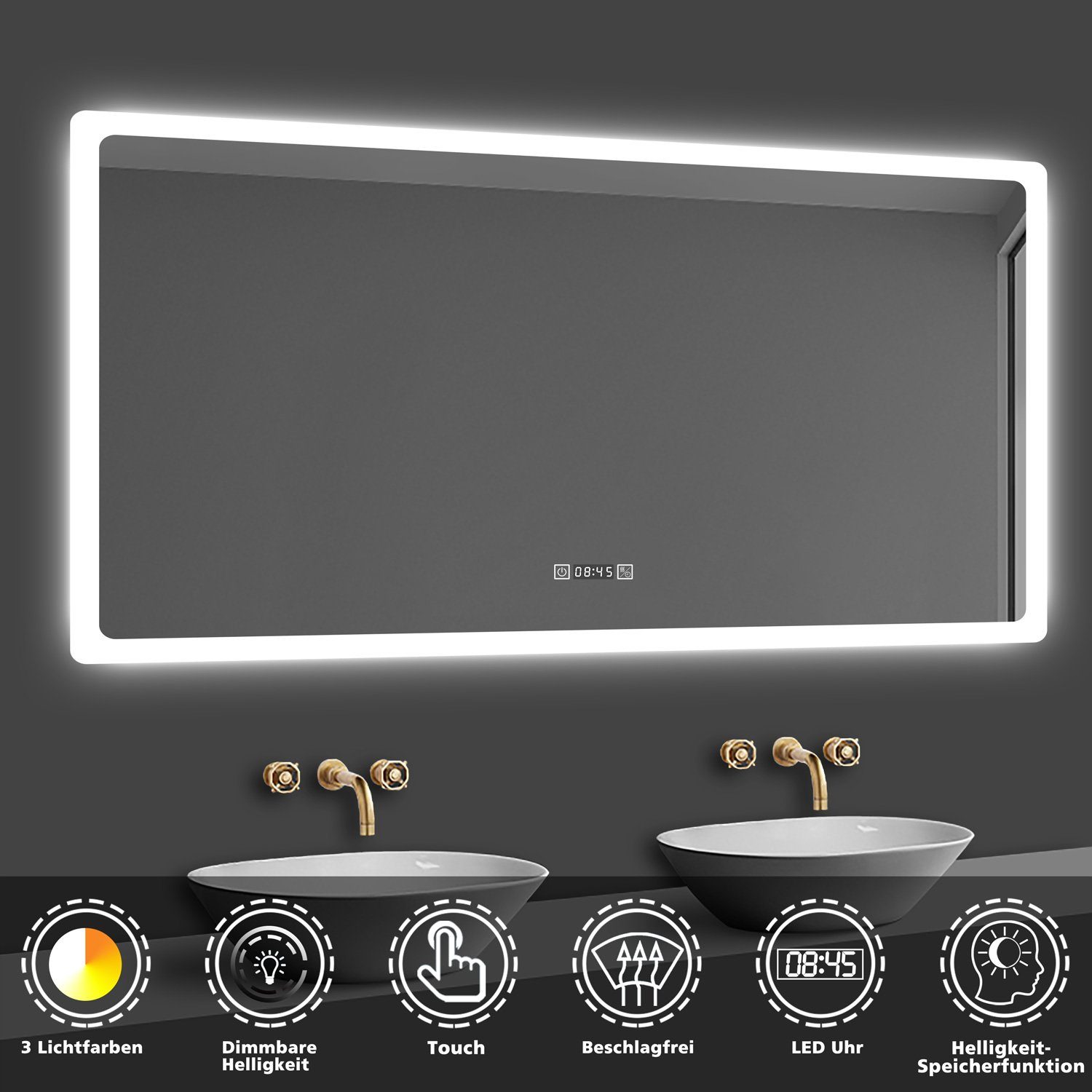 duschspa Badspiegel 50-160cm Touch, Beschlagfrei, energiesparend, Digital-Uhr Warm/Neutral/Kaltweiß+dimmbar