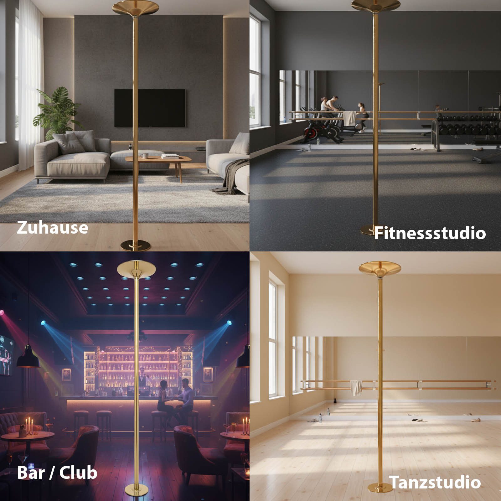 TRUTZHOLM Pole Dance Stange Tanzstange Gold Profi 231–274 cm Ø45 mm Static & Spinning, Höhenverstellbar, für Zuhause, Party, Club