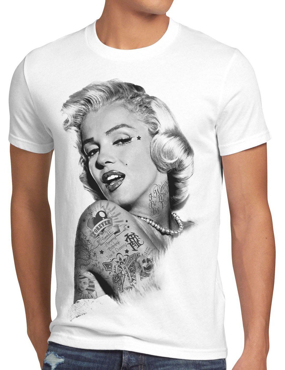 style3 Print-Shirt Herren T-Shirt marylin inked Marilyn monroe punk tätowiert star weiß Tattoo gun rock