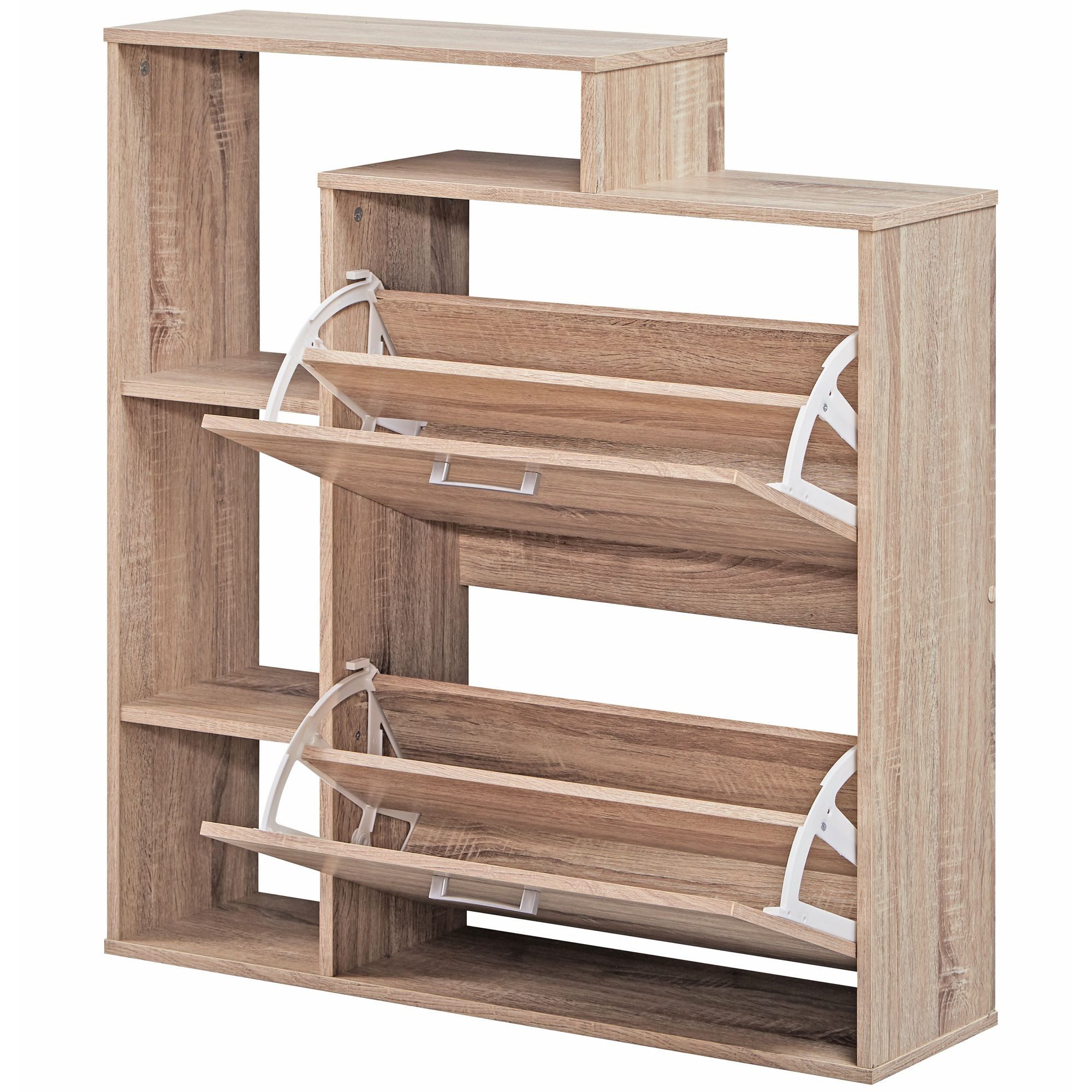 FINEBUY Schuhkipper FB45127 Holz 2 Fächer Sonoma 12 Paar Schuhe Schuhschrank (85x24x93 cm, Schuhschrank Sonoma Eiche Modern), Schuhregal mit Ablage, Flurschrank – Bild 4 von 5