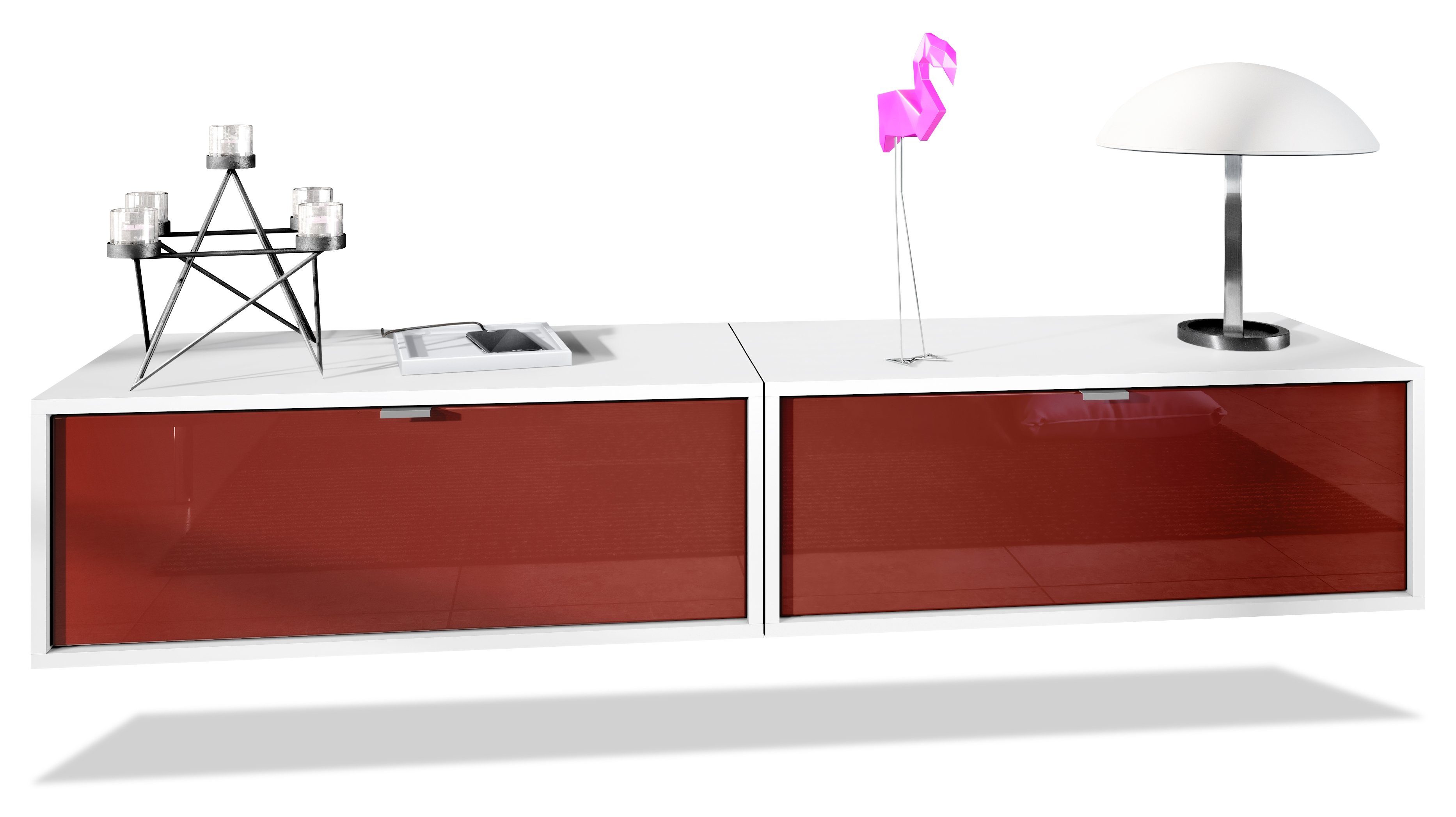 Vladon Lowboard Lana 800 (2er-Set Tv-Kommode, mit Klappe), Weiß matt/Bordeaux Hochglanz (80 x 29 x 37 cm)
