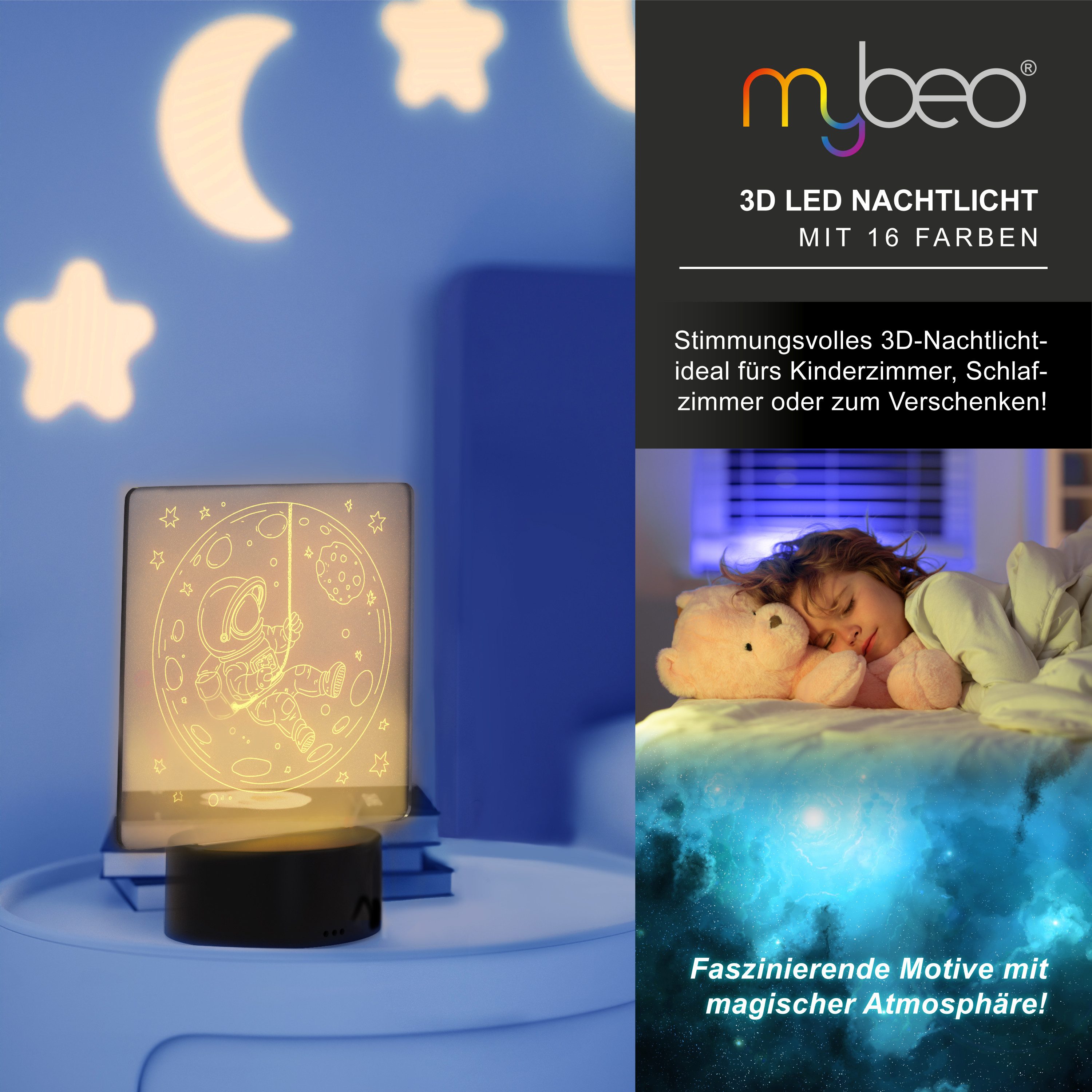 MyBeo LED Nachtlicht 3D Effekt Tischlampe für Kinder, Jungs & Mädchen, Nachtleuchte dimmbar, Dimmfunktion; Farbwechsel; mehrere Helligkeitsstufen; Nachtlichtfunktion, LED fest integriert, Farbwechsler, 3 Motive (Dino, Fußball, Mond), RGB Farbwechsel, Touch, Fernbedienung
