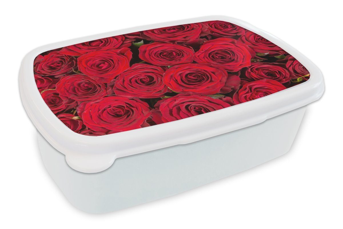 für Rot und Brotdose, Lunchbox - Erwachsene, (2-tlg), Jungs weiß MuchoWow Blumenstrauß, Mädchen und Brotbox Rosen für - Kunststoff, Kinder