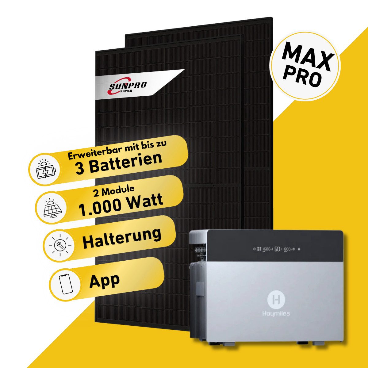Balkonstrom Balkonkraftwerk MAX Pro 1000 Watt Solaranlage mit Speicher Komplettset Bifazial, 1000 W, Monokristallin, (2x Sunpro Solarmodul á 500 Watt, 1x Hoymiles HiBattery 4020 X, 1-3 Zusatzspeicher HB-4020-S), Halterung für Dach, Fassade, Balkon & Garten, App & Plug&Play DE
