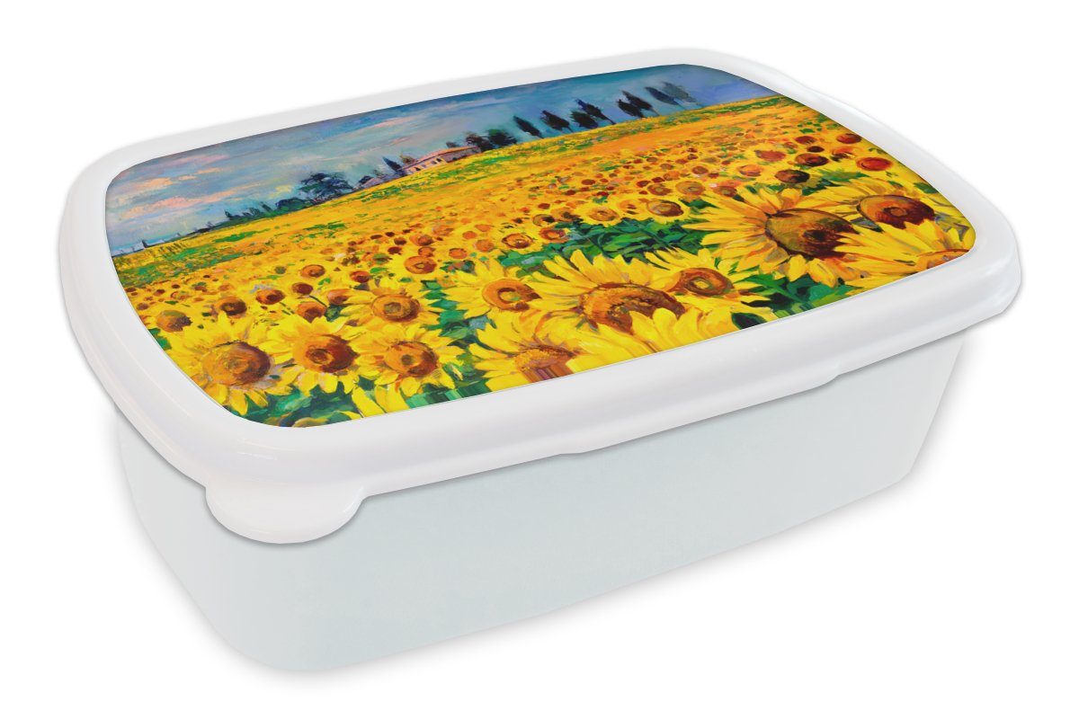 MuchoWow Lunchbox Ölfarbe - Gemälde - Blumen - Sonnenblume, Kunststoff, (2-tlg), Brotbox für Kinder und Erwachsene, Brotdose, für Jungs und Mädchen weiß