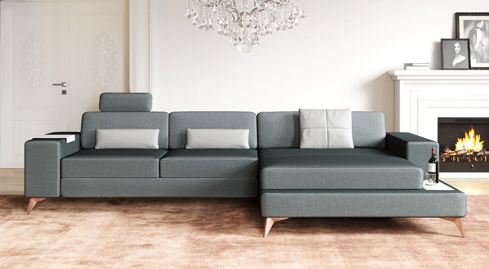 BULLHOFF Ecksofa »Designsofa Eckcouch Ecksofa »MÜNCHEN IV« Wohnlandschaft  L-Form Sofa LED Couch grau anthrazit samt alcantara XXL Ottomane«