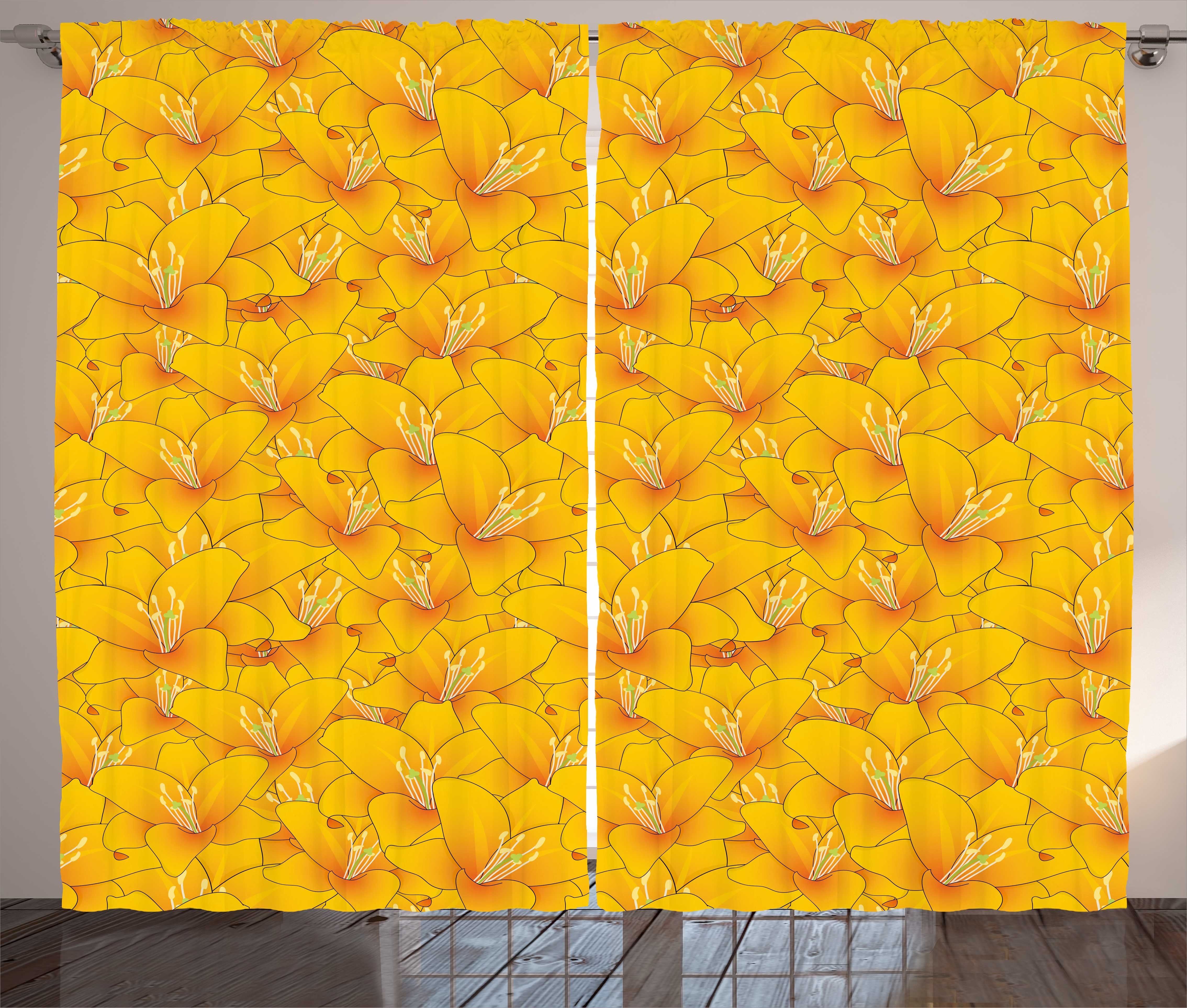Gardine Schlafzimmer Kräuselband Vorhang mit Schlaufen und Haken, Abakuhaus, Blume Blooming Orange Lilien-Motive | Fertiggardinen