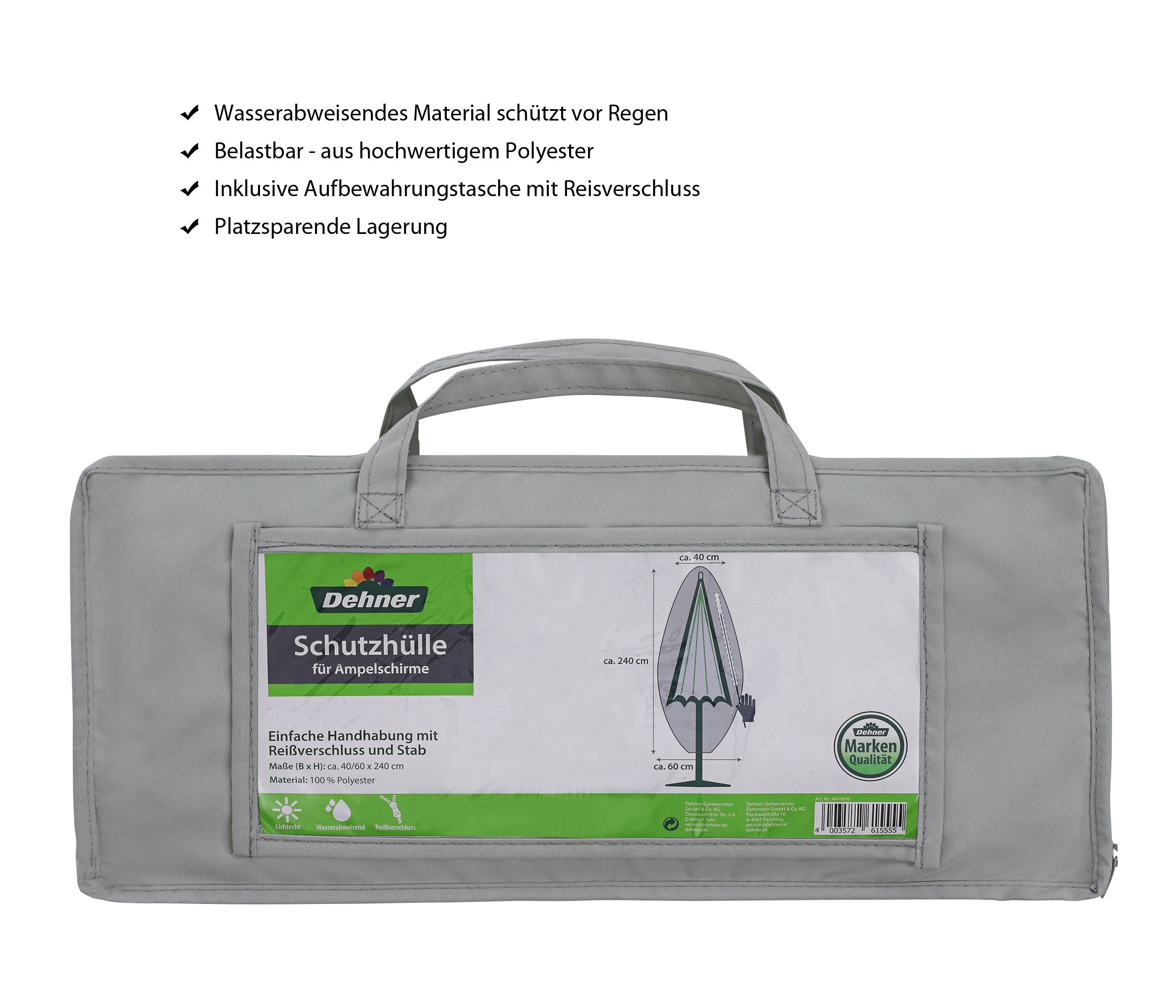 Dehner Gartenmöbel-Schutzhülle Ampelschirm, ca. 240 x 60 cm, Polyester, grau, Abdeckhaube aus hochwertigem Polyester schützt Ihren Schirm optimal