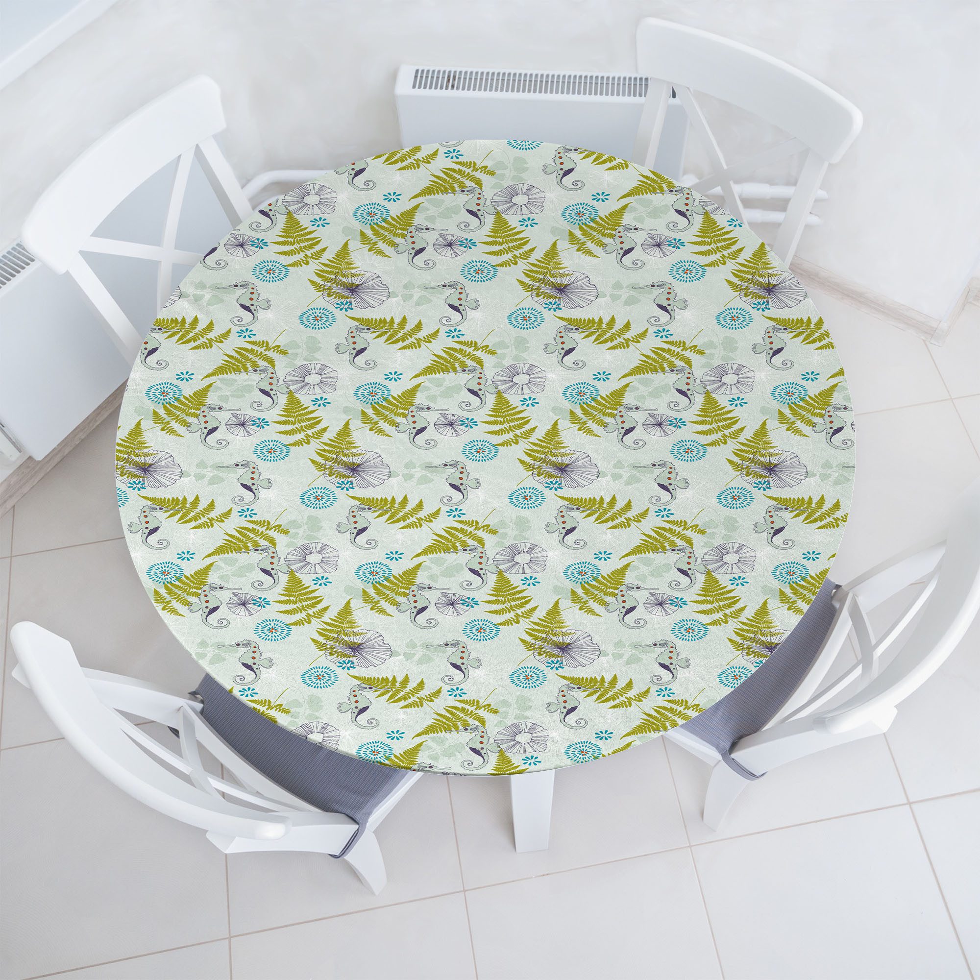 Abakuhaus Tischdecke Rundum-elastische Stofftischdecke, Meer Seepferde und Fern Patterns