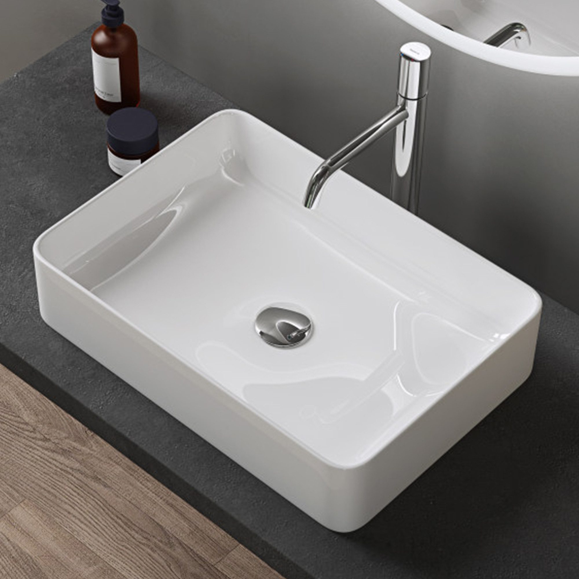 doporro Waschbecken Aufsatzwaschbecken Waschtisch keramik mit Nano-Schutz eckig L105, Aus Keramik mit Selbstreinigungseffekt