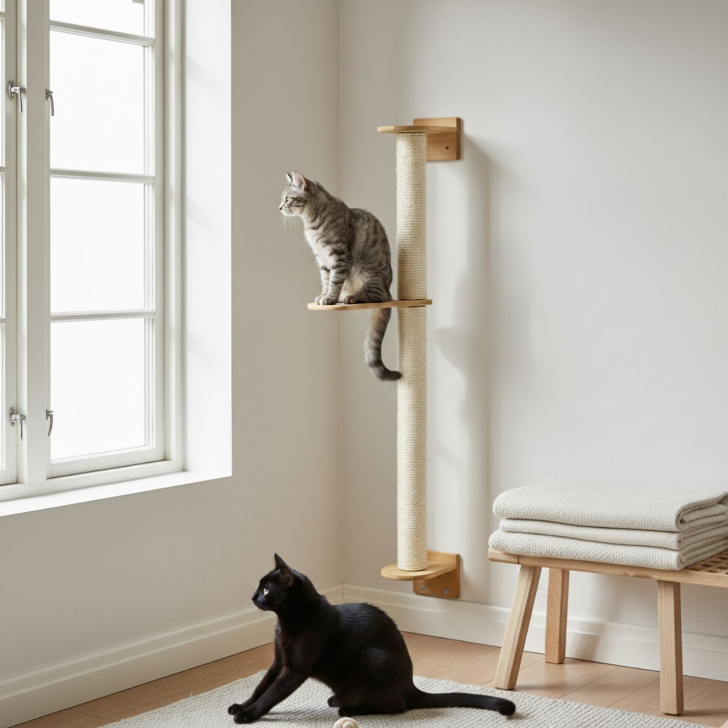 eyepower Kratzbaum zur Wandmontage - 102 cm Wandkratzbaum für Katzen mit 1 Bambus Plateau, Sistammstamm Wand - Katzenkratzbaum platzsparend - Kletterwand Katze