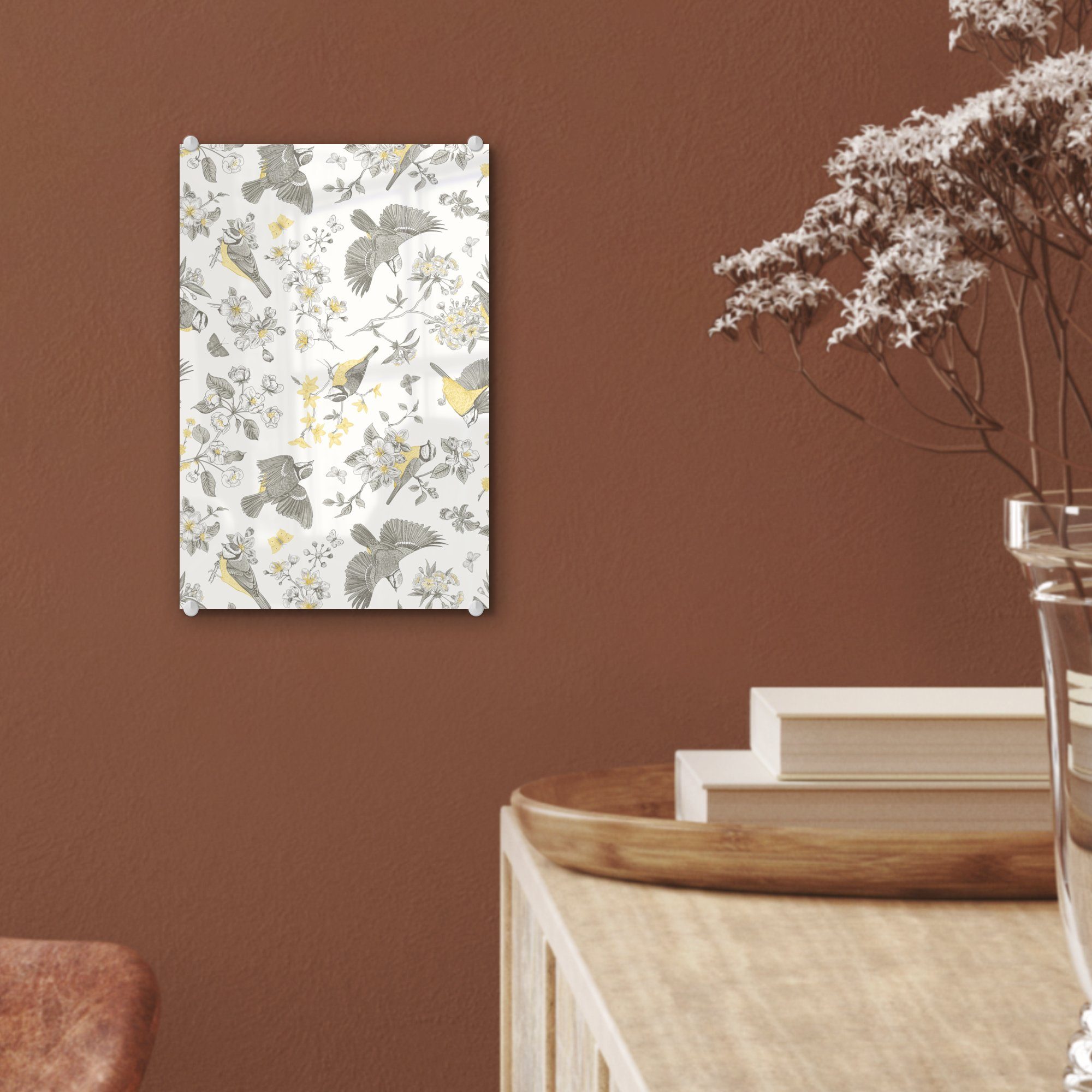 (1 Muster, Acrylglasbild Foto Vogel - Wanddekoration auf - Bilder - auf St), Wandbild MuchoWow - Blumen Glas Glas Glasbilder -