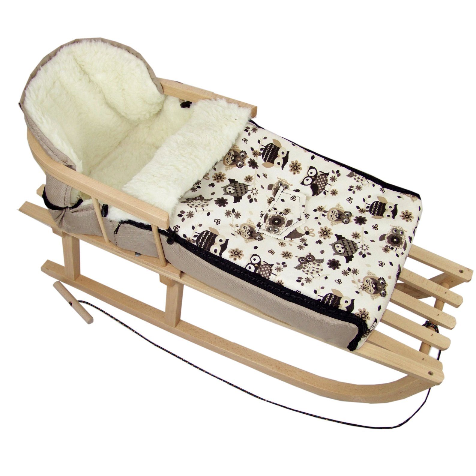 BambiniWelt by Rafael K. Davoser Schlitten CE-HOLZSCHLITTEN mit Rückenlehne Leine + WINTERFUßSACK Wolle 90cm EULE, Kombi-Angebot