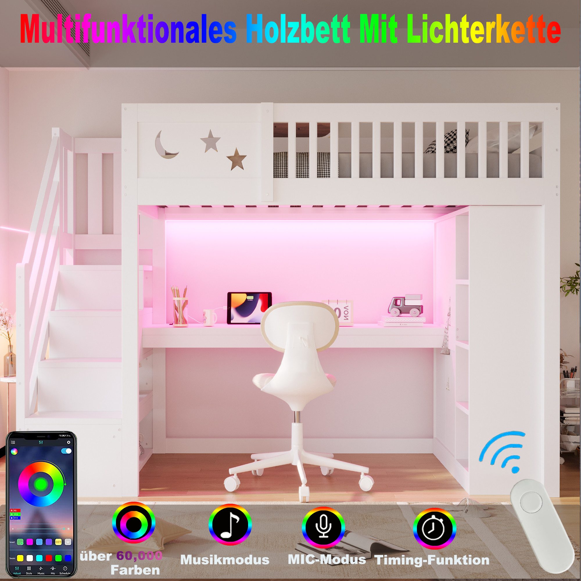i@home Hochbett Aus Holz-Hochbett,Multifunktionsbett,Loft-Bett,mit Stauraum,90x200cm mit Schreibtisch,LED-Beleuchtung,Steckdose,Kleiderschrank,Weiß – Bild 2 von 5