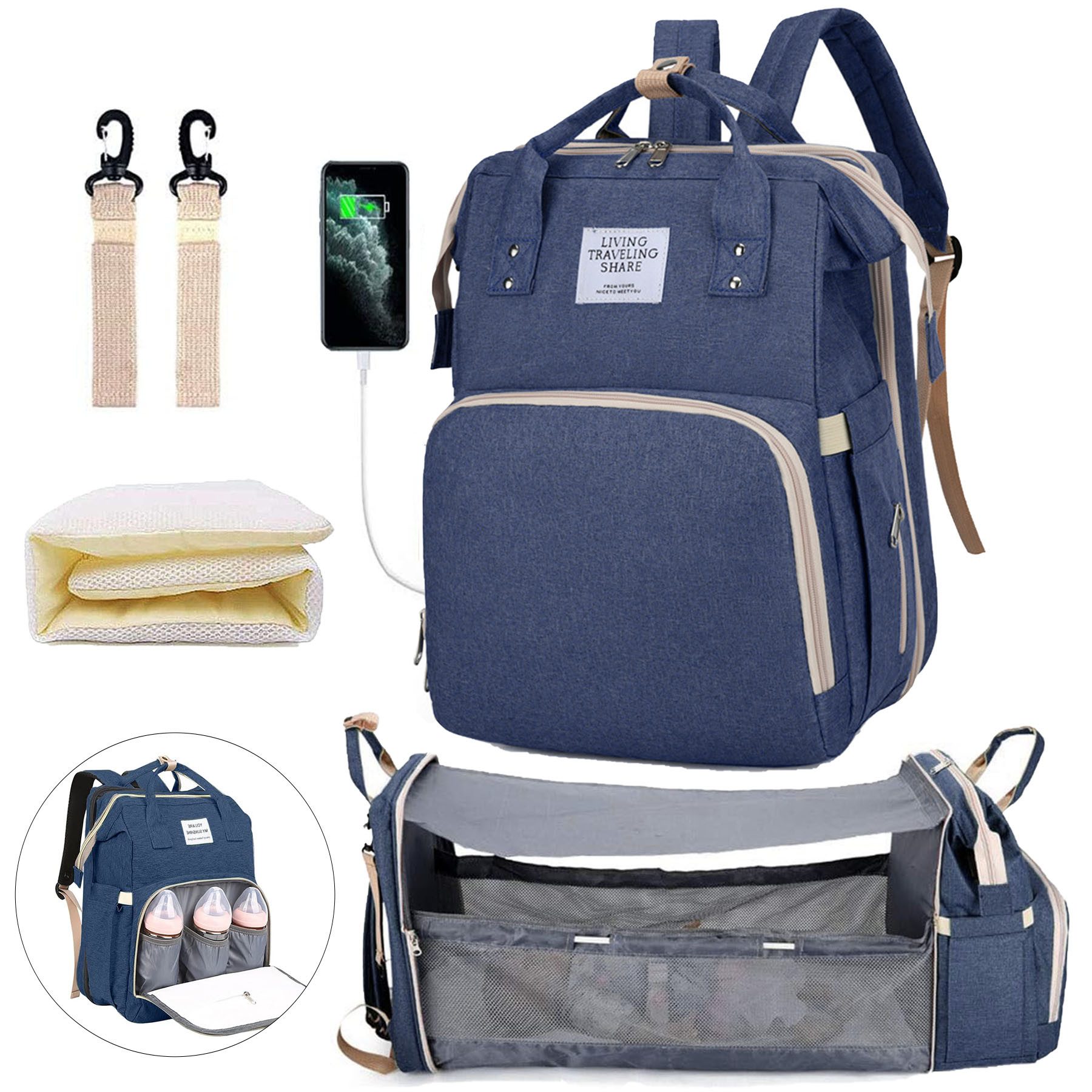 Mutig Wickeltasche Wickeltasche Rucksack, wickelrucksack mit bettfunktion Großer (Multifunktionale Diaper Bag Mit Wickelunterlage, Kinderwagen-Haken, Geeignet für Mama und Papa,Baby-Wickeltaschen, Muttertagsgeschenke), multifunktionaler wasserdichter Reis