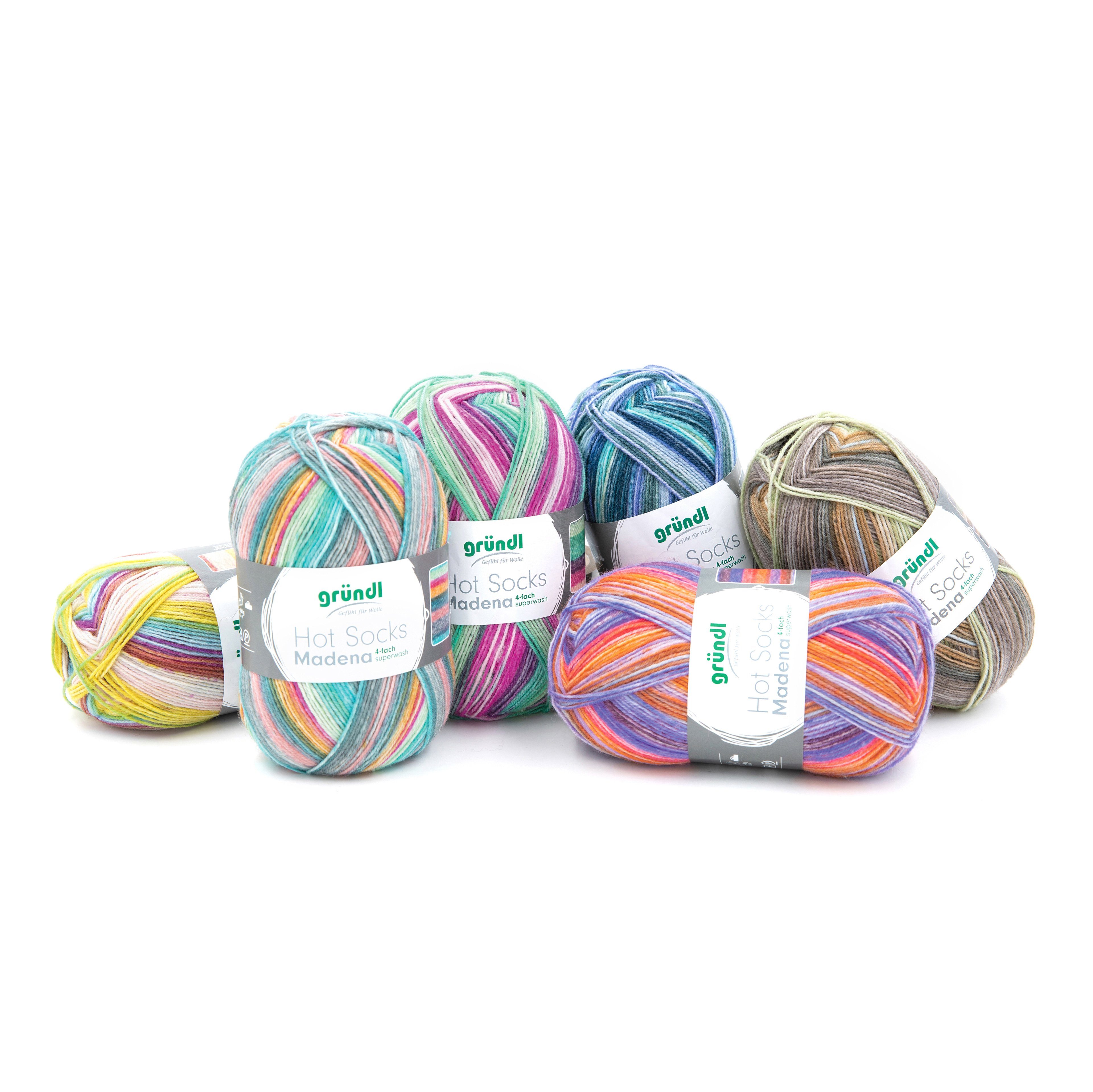 Gründl Wolle Hot Socks Madena Sockenwolle 4fädig zum Stricken und Häkeln Häkelwolle, 420,00 m (100g Sockengarn 4-fädig, Strumpfwolle 4-fach, für Ringelsocken, mit Anleitung zum download), 4fach verzwirnt