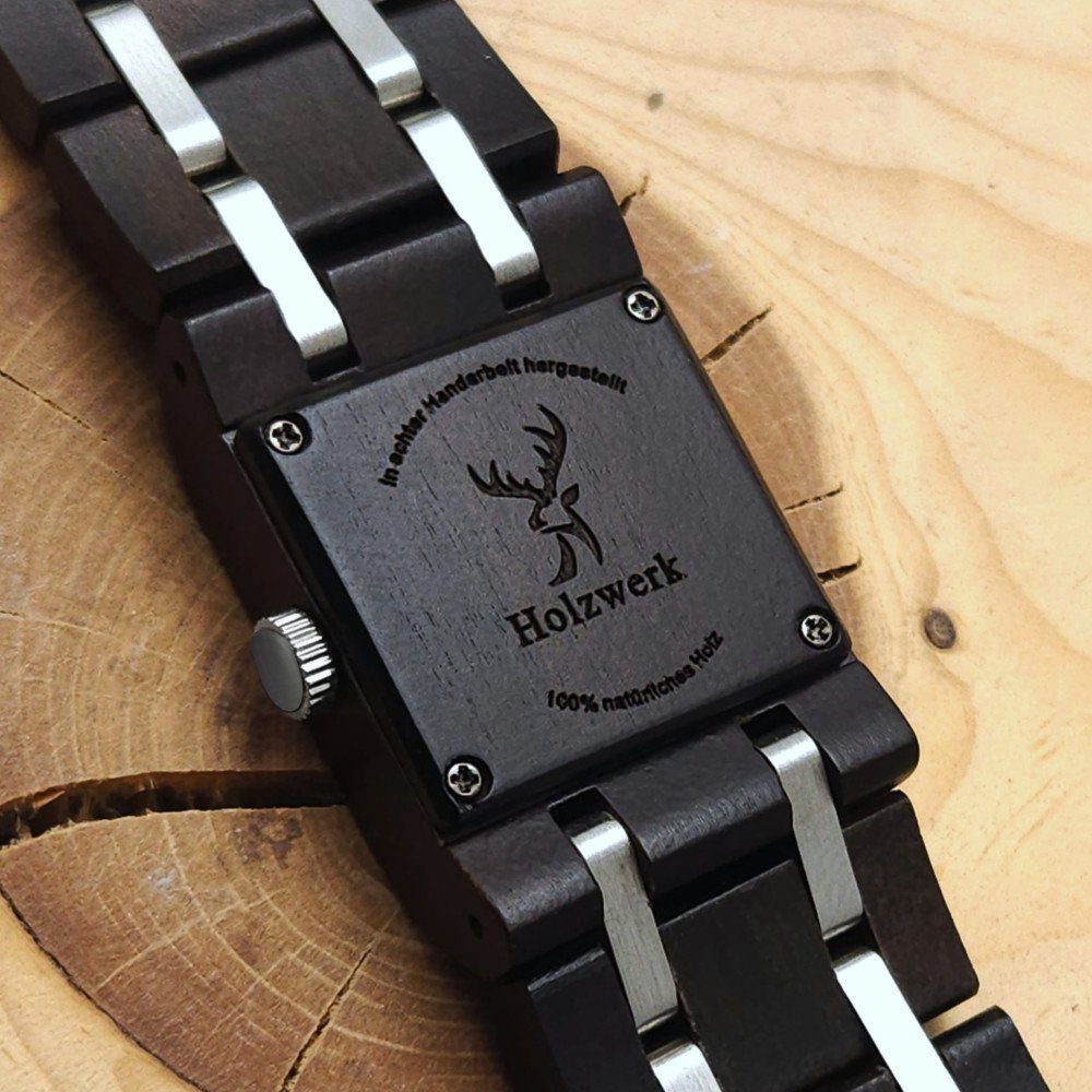 Armband Eckig, Holz Quarzuhr kleine schwarz Holzwerk HOYA Damen & silber Uhr,