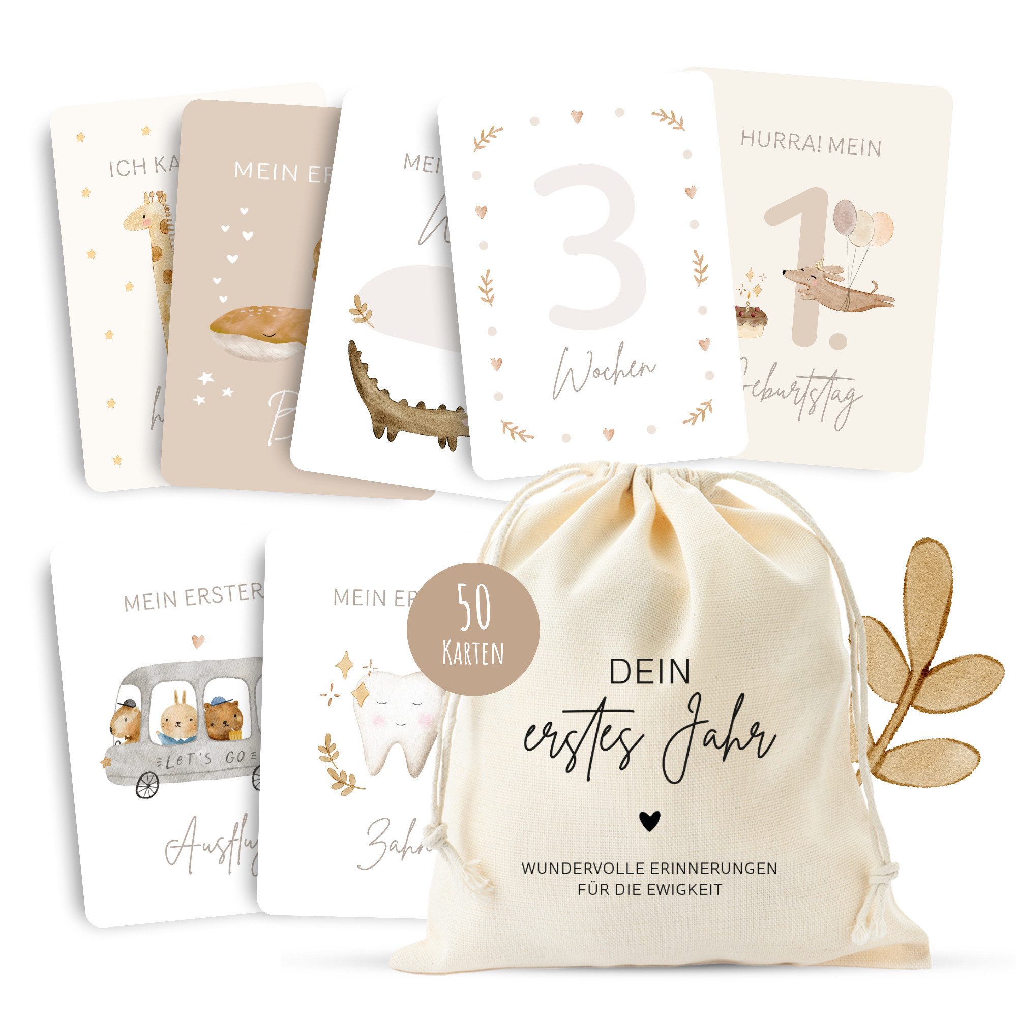 MeinBaby123® Geburtskarte 50 Meilensteinkarten "Dein erstes Jahr" zum Ausfüllen, inkl. Baumwollsäckchen, Geschenk zur Geburt, Meilensteinkarten Baby