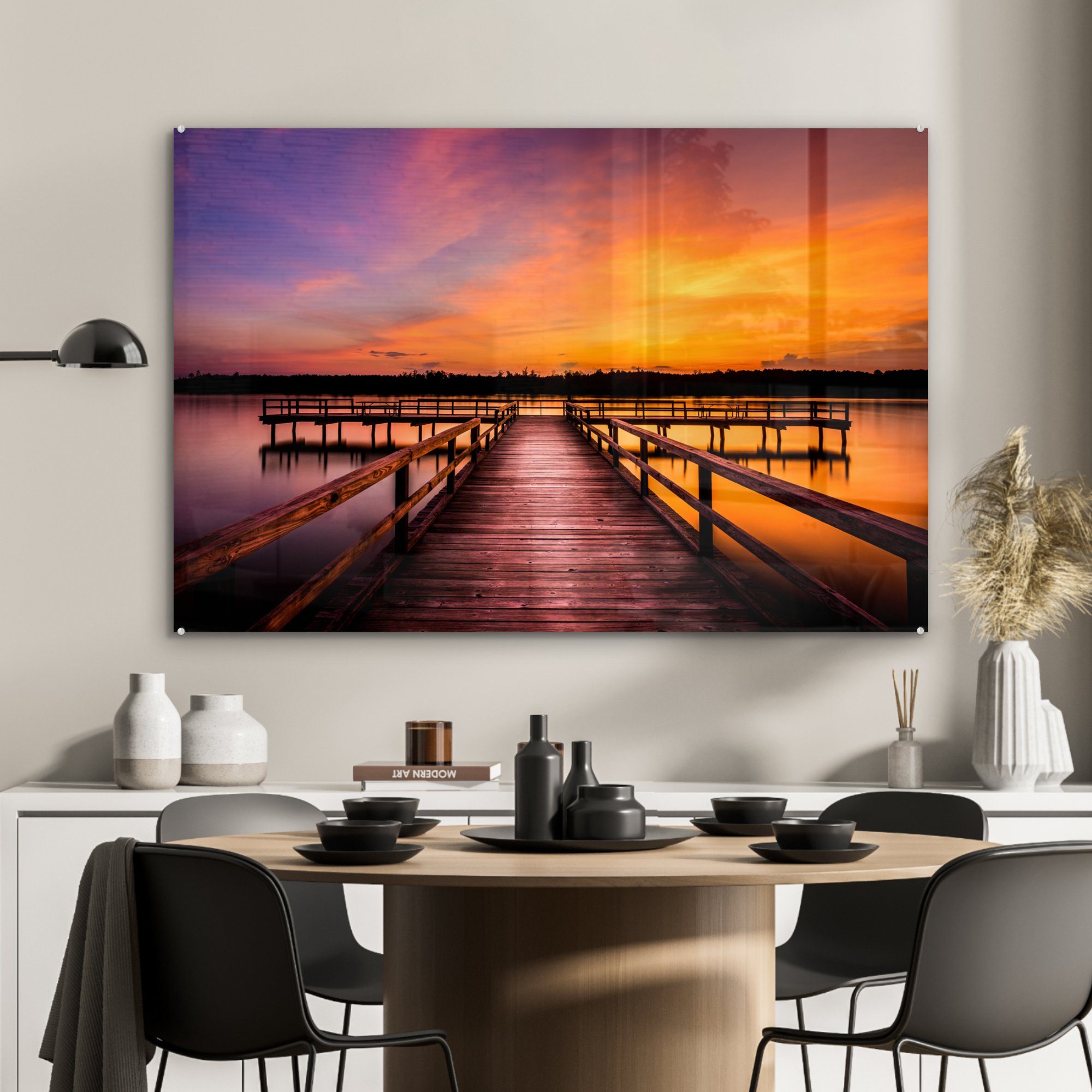 MuchoWow Acrylglasbild Sonnenuntergang & Acrylglasbilder Steg Wohnzimmer - - Gold, Schlafzimmer St), (1