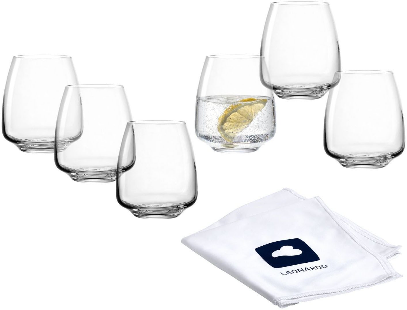 LEONARDO Gläser-Set Trinkgläser CESTI + Poliertuch, 7-tlg., Kristallglas, 6 Trinkgläser mit Poliertuch