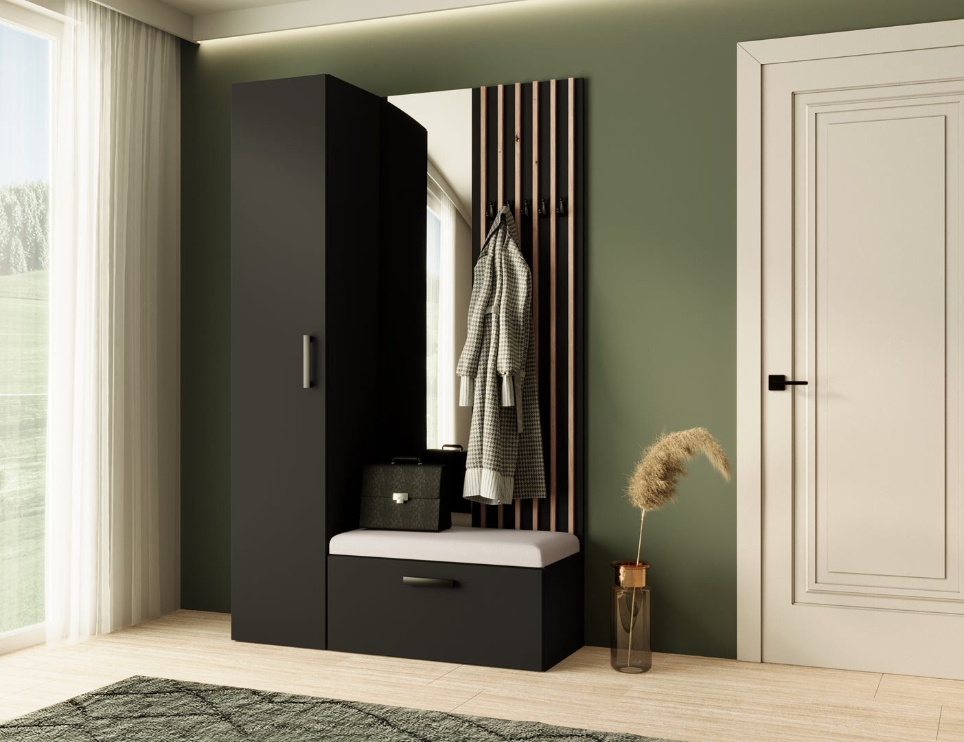 Beautysofa Garderoben-Set MARGARET Flurgarderobe mit Spiegel, (Kleiderschrank, Schuhschrank, Sitzbank, Kleiderstange, Flurmöbel-Set mit Lamellen), verschiedene  – Bild 2 von 5